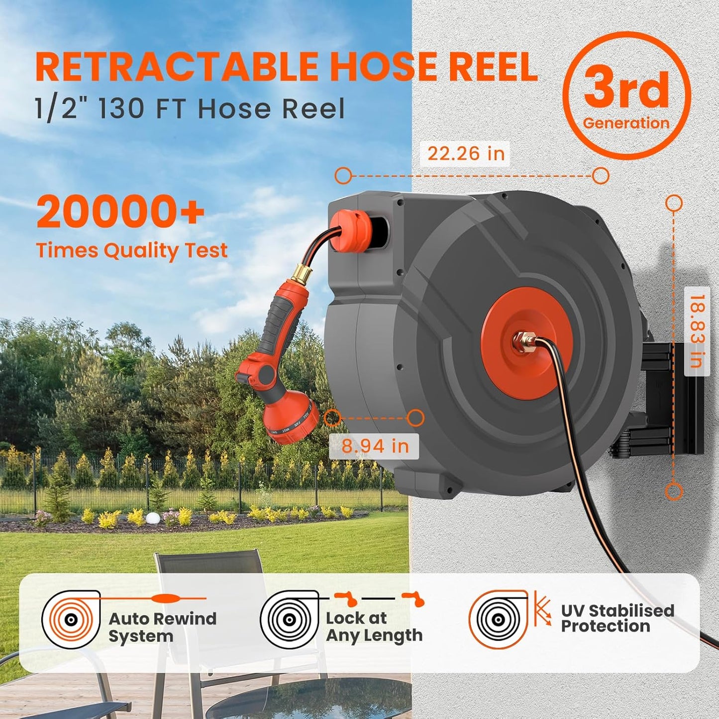 Upgraded Retractable Garden Hose Reels 130 ft X 1/2" PRO Metal Bracket 180° Swivel Any Length Lock Heavy Duty Water Hose Reels Wall Mount 9 Pattern Nozzle Garden Watering