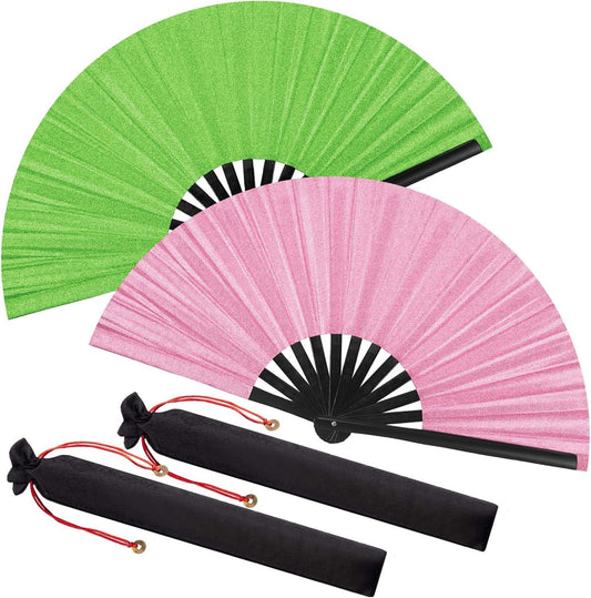 Maitys 2 Packs Large Clap Fans for Line Dancing Large Chinese Folding Hand Fans for Men and Women, Festival, Tai Ji, Kungfu, Martial Art, Gifts (Glitter Green and Pink)