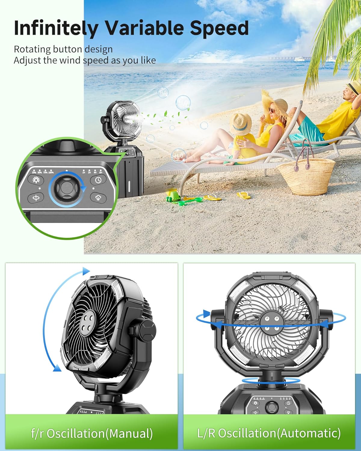 Misting fan with 7L bucket 90°Oscillating ,4 Spray Mister 25000mAh Rechargeable Camping fan with Remote Control Stepless Speed and Timer for Patios/Camping，Waterproof Design Outdoor Fans (Black)