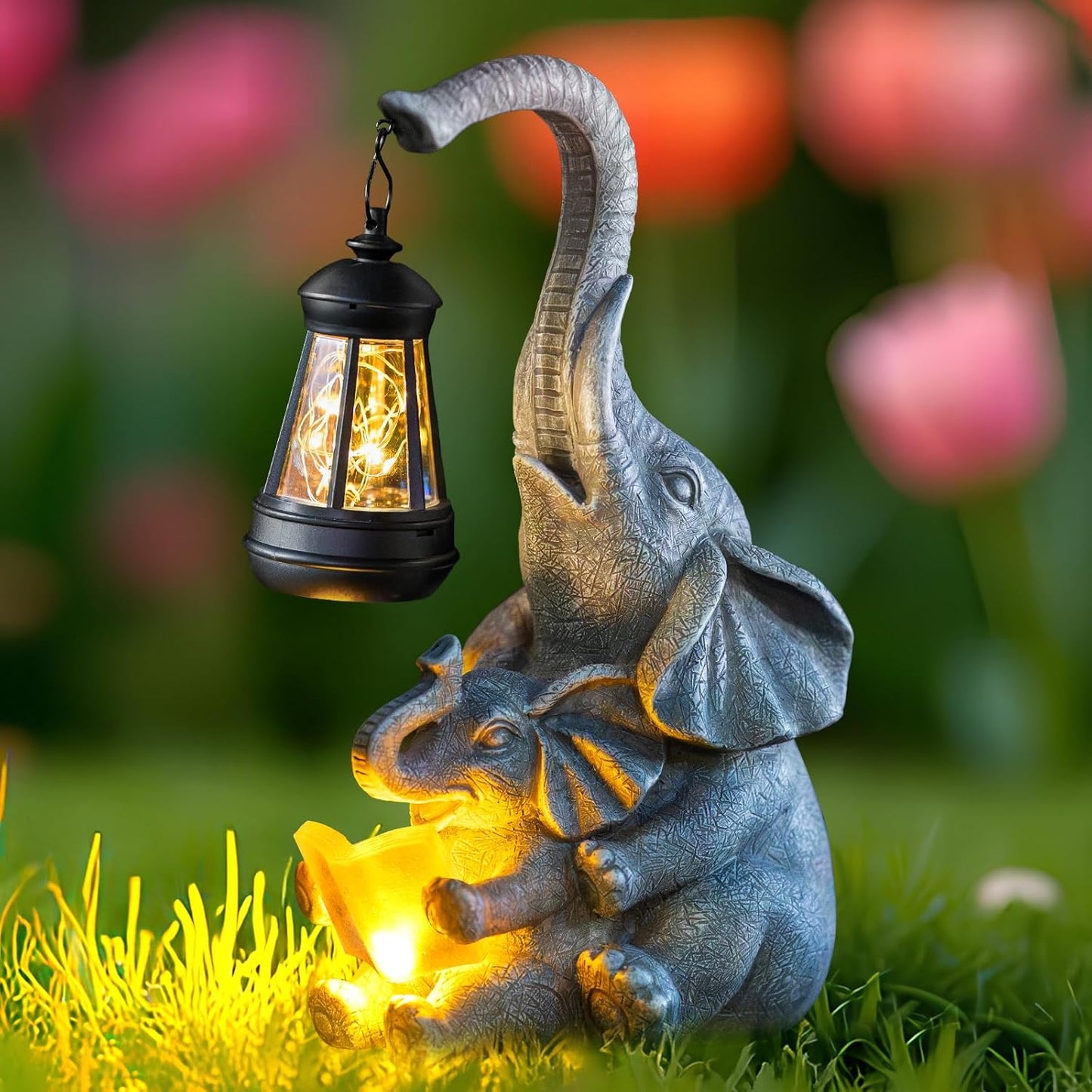 Solar Elephant Statue Lights Outdoor Garden Decoration, Elephant Statue with Solar Lantern Outdoor Decoration for Mother Women Birthday Gift-Courtyar Balcony Lawn Decor