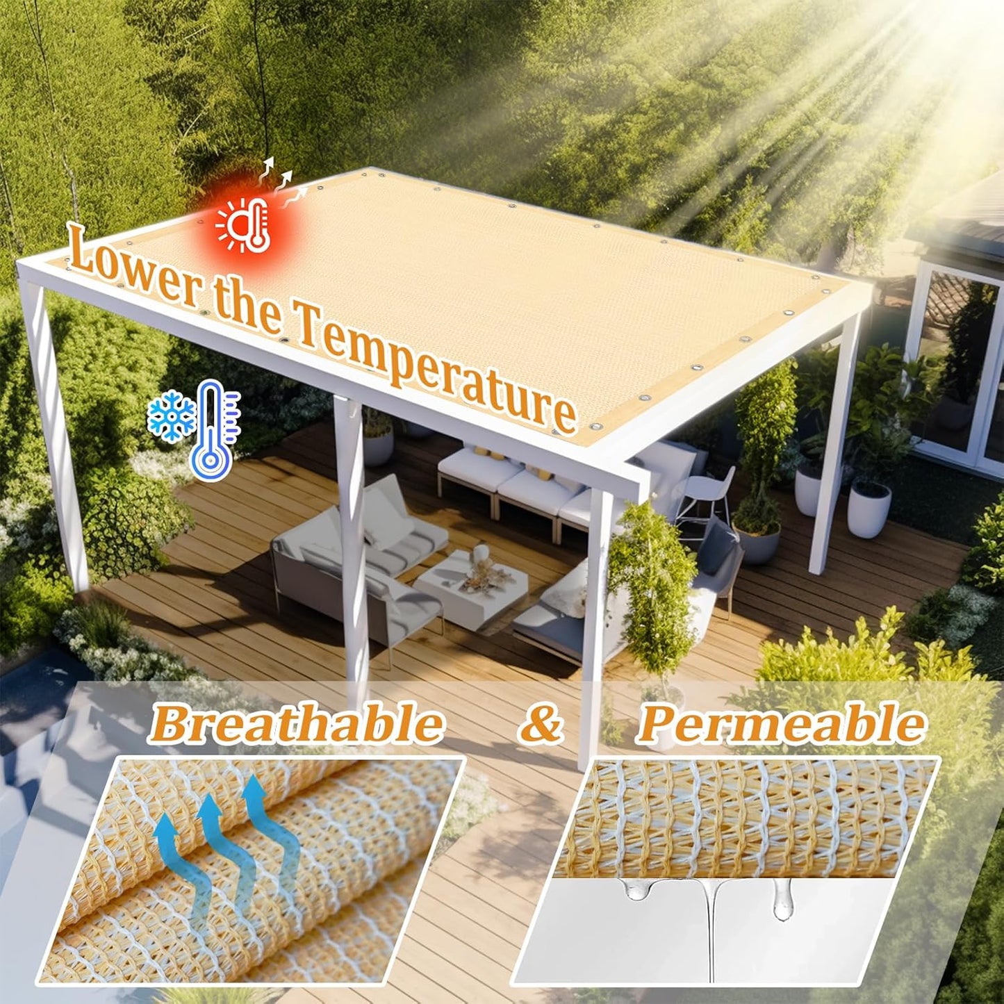 Shade&Beyond Customized Size 90% Sun Shade Cloth with Grommets, 10' X 24' Pergola Shade Cover Canopy, Mesh Tarp Sun Screens for Patio, Outdoor, Garden, Backyard GN01, Wheat