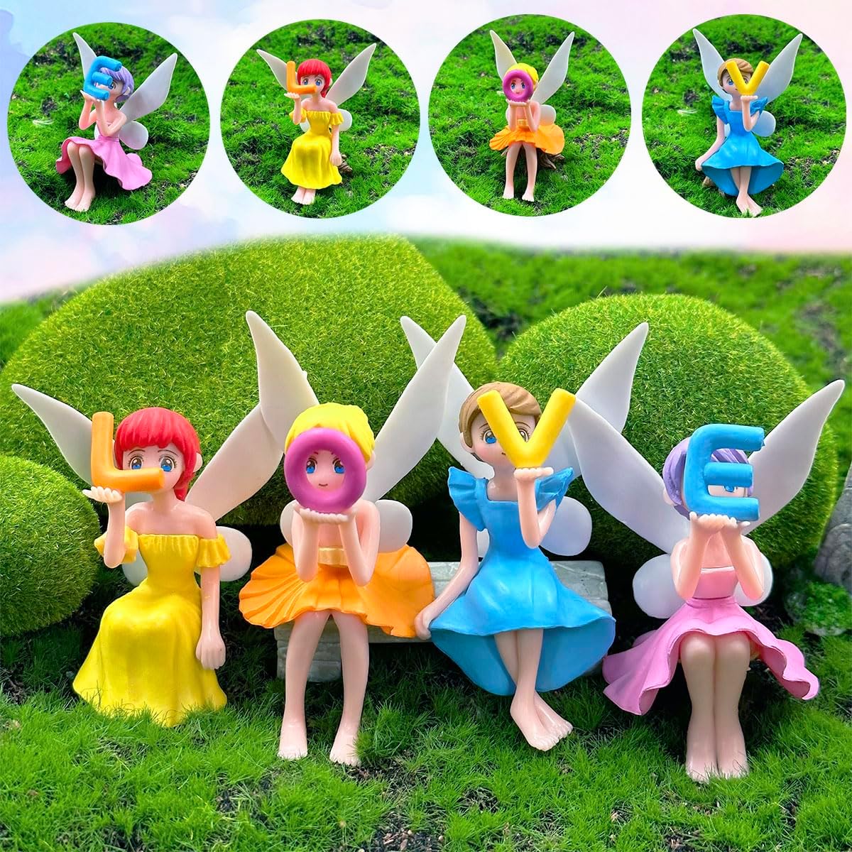 Suartus Miniature Fairy Figurines - 4Pcs Small Flower Fairies Ornaments Resin Mini Fairy Figurines Tiny Elf for DIY Fairy Garden Flower Pot Bonsai Micro Landscapes Craft Decoration Accessories (Love)