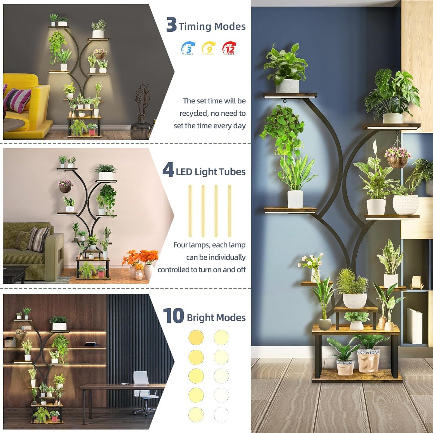 Plant Stand with Grow Lights, 9 Tiered Indoor Plant Shelf, 65” Tall Plant Holder for Indoor Plants Multiple, S-Shaped Metal Corner Plant Rack with Hanger for Home, Patio