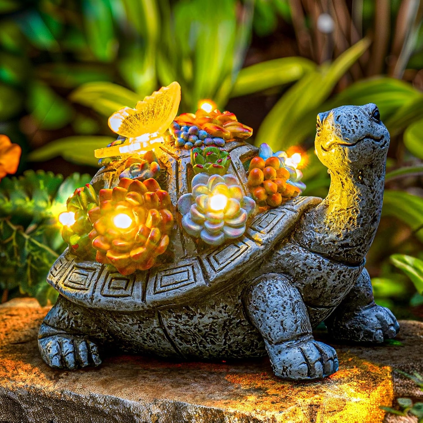 Solar Garden Outdoor Statues with Succulent and 7 LED Lights - Lawn Decor Tortoise Statue for Patio, Balcony, Yard Ornament - Unique Housewarming Gifts (Grey Turtle)