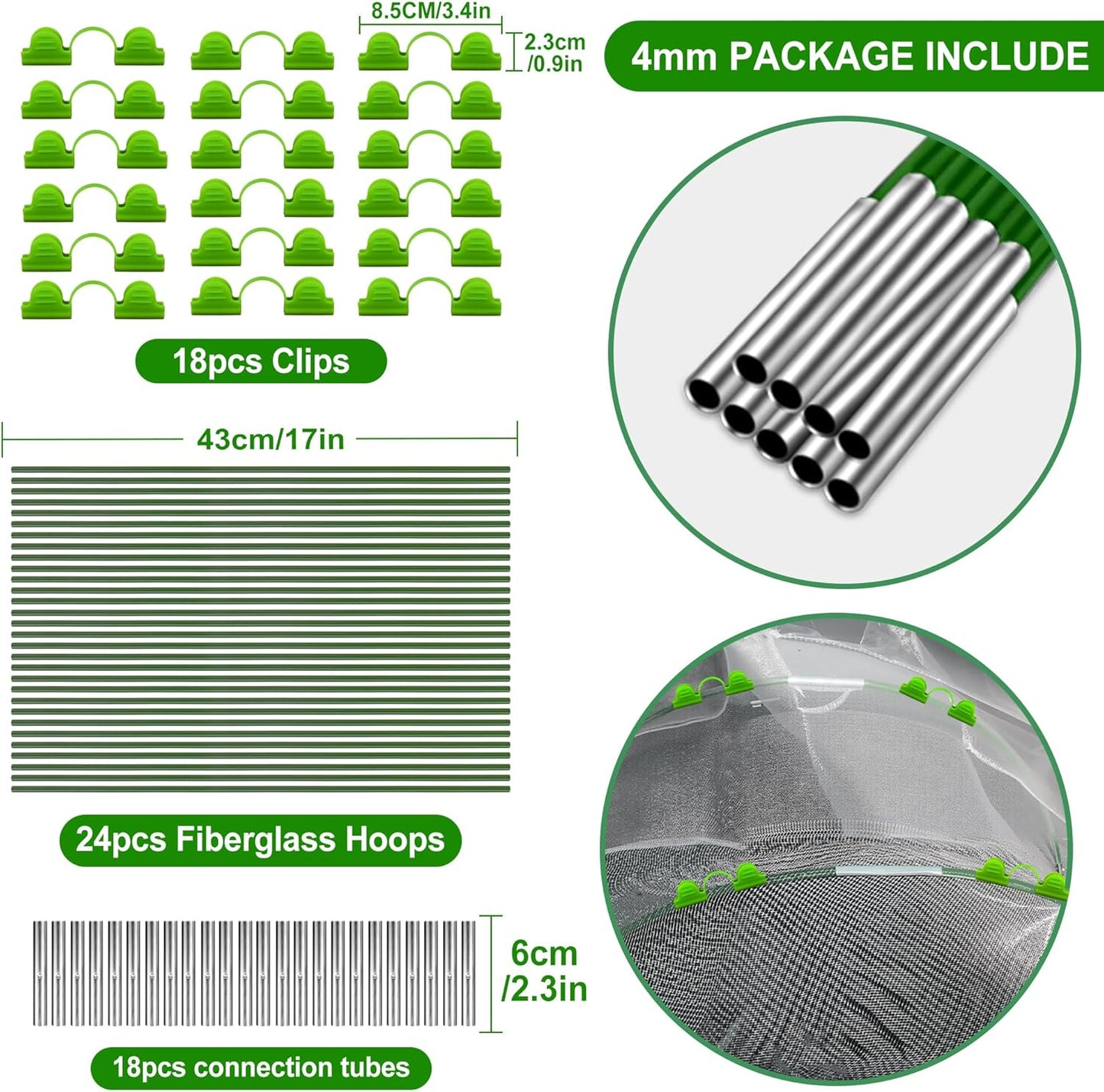 FOTMISHU Garden Hoops for Raised Beds Row Cover,6 Sets 5.6ft Grow Tunnel,Rust-Free Fiberglass Greenhouse Support Hoops Frame for Garden Mesh Netting, Outdoors Plant Growth -24PCS