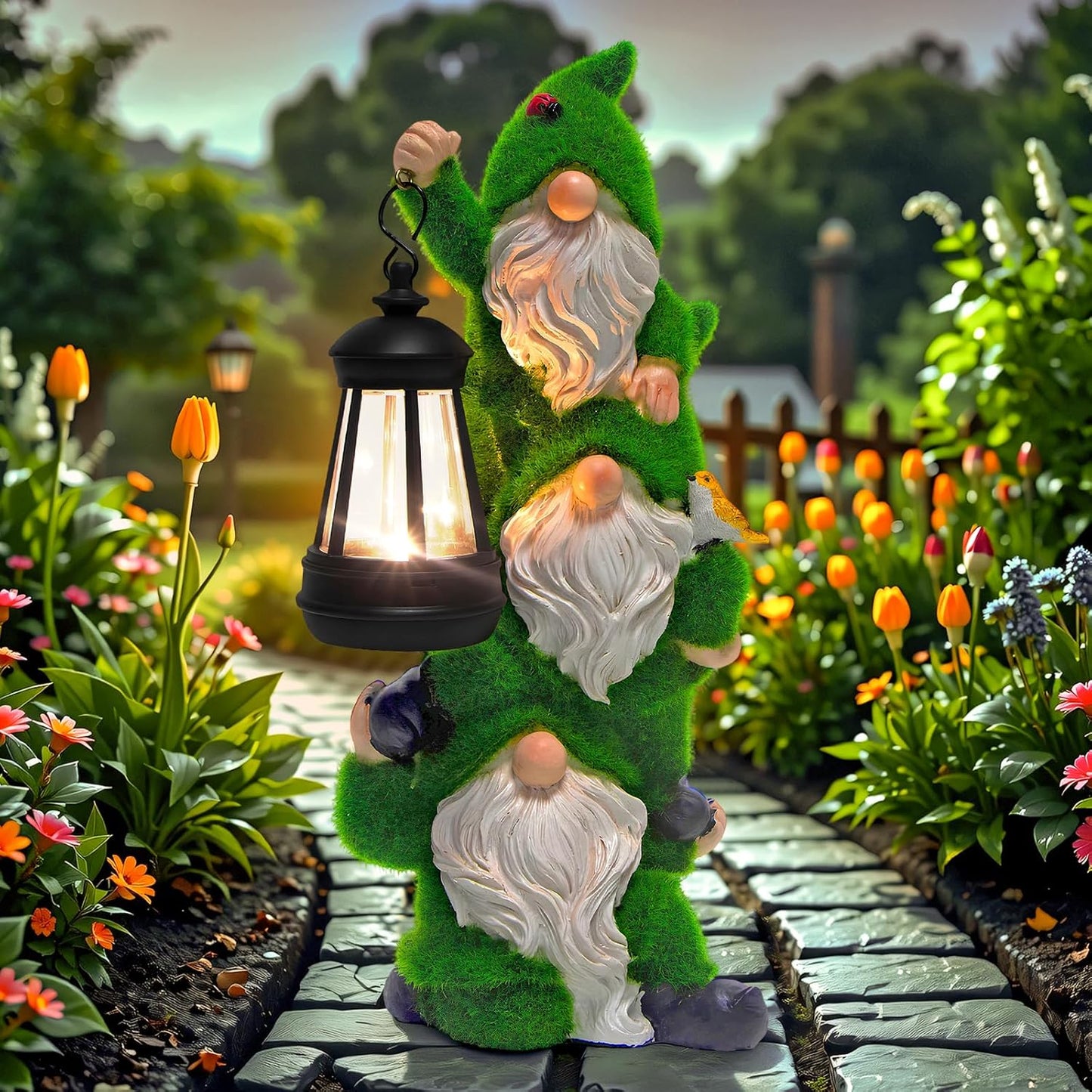 Solar Gnomes Garden Statues,Resin Flocked Gnome Figurine Holding Solar Lights Lantern,Unique Birthday Housewarming Gifts for Women, Mom, Grandma