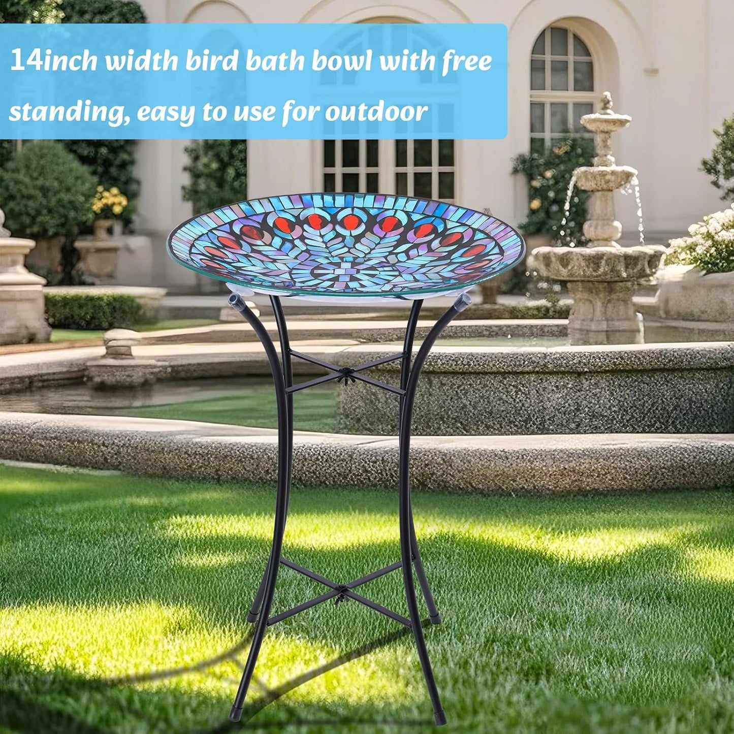 MUMTOP Mosaic Glass Bird Baths, 14 Inch Width Outdoor Garden Peacock Bird Bath Bowl with Metal Stand, Unique Glass Birdbaths Bird Feeder for Yard Decor, 19.68 Inch Height