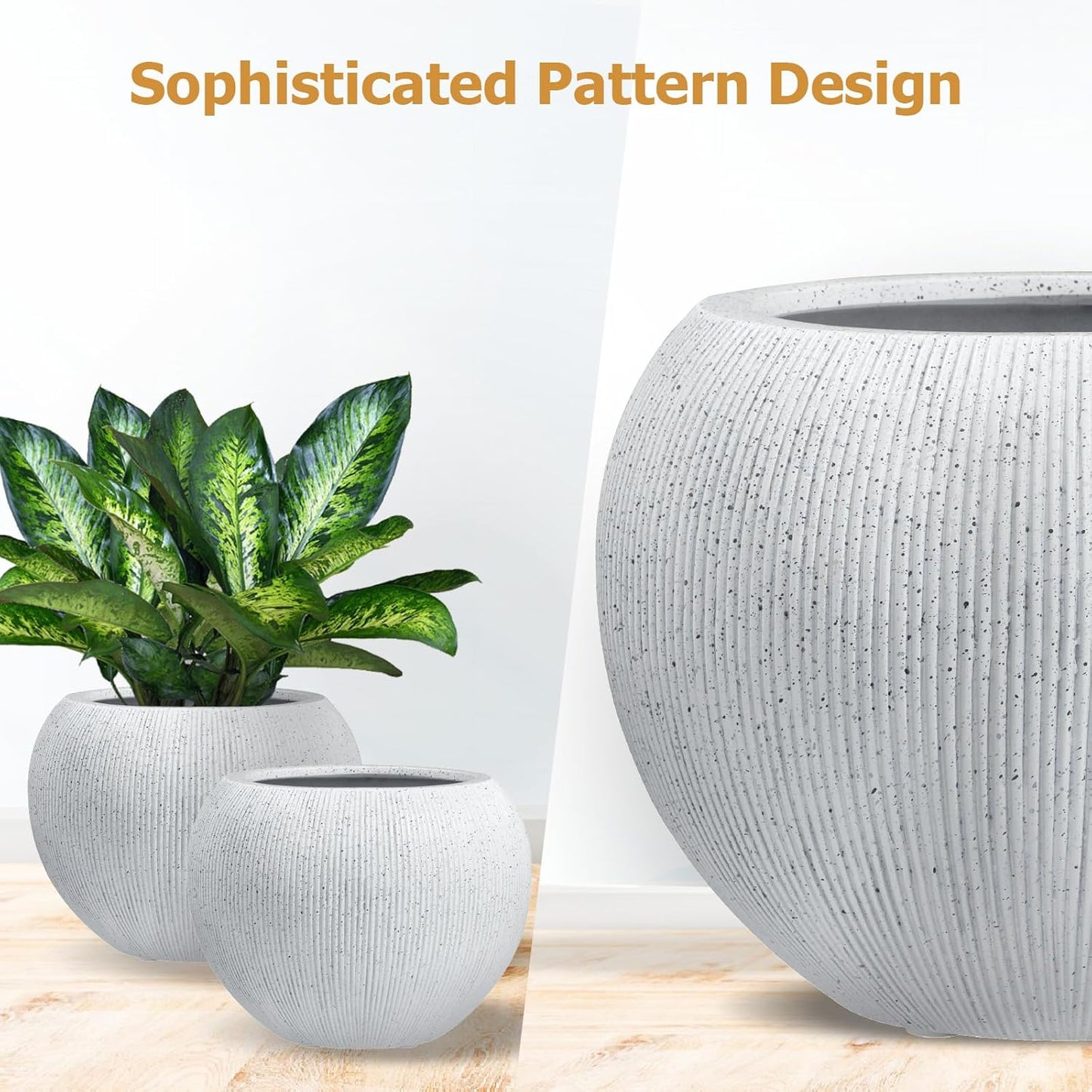 12.8"H x 16"D Globo Fiberstone Round Planter with Drainage Hole, Weather Resistant, Ribbed Finish, Planters for Indoor Plants & Outdoor, 2 Extra Coco Mats (Speckled White, 10.7" Pot Opening)