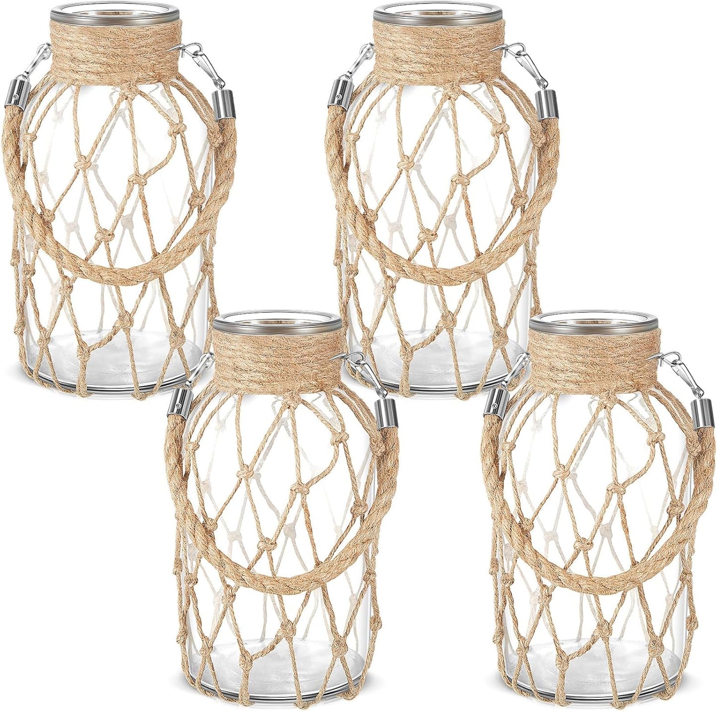 Set of 4 Rope Net Dry Flower Glass Vase 7.9 x 4 Inches Wicker Farmhouse Vase Coastal Decor for Wedding Tables Home Rustic Hanging Mason Jar Rope Wrapping Decorative Bottles Nautical Decor