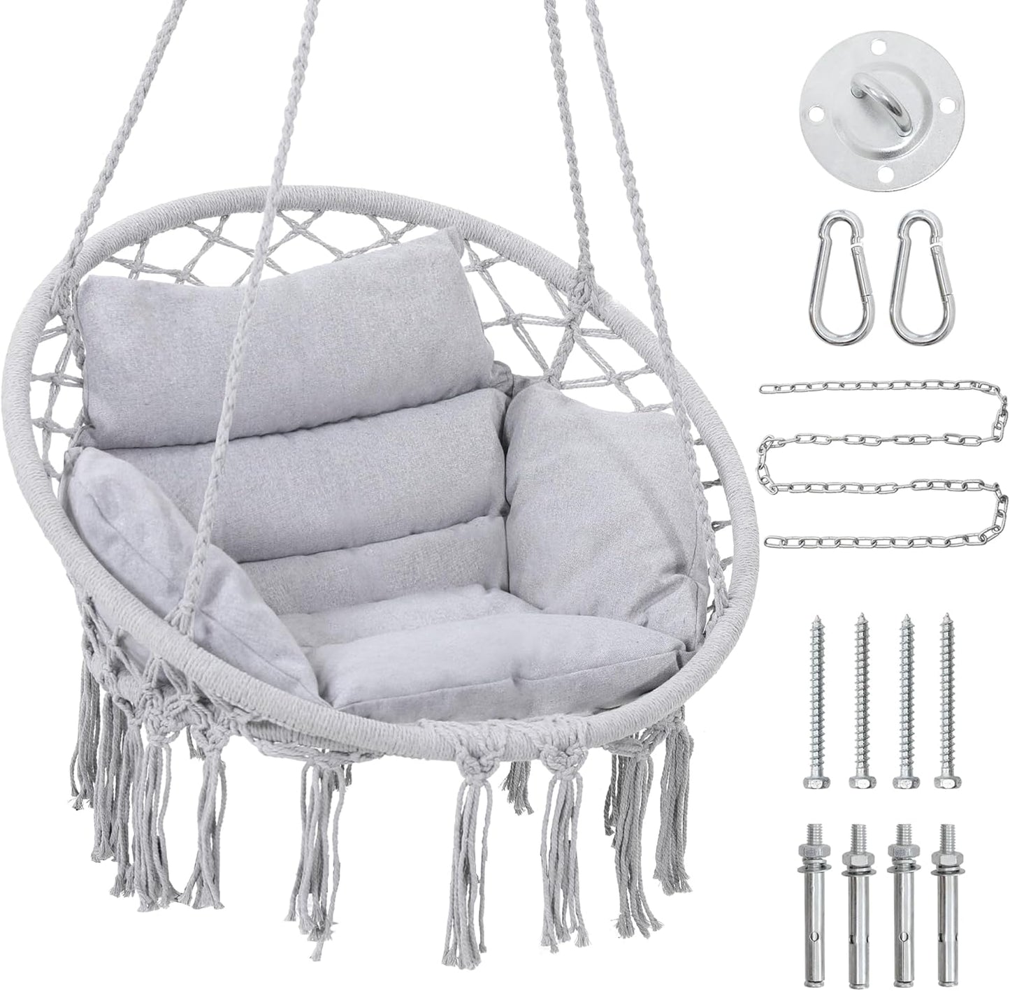Macrame Hammock Hanging Swinging Chair with Medium Cushion, Perfect for Bedroom, Porch, Adults, Balcony, Grey
