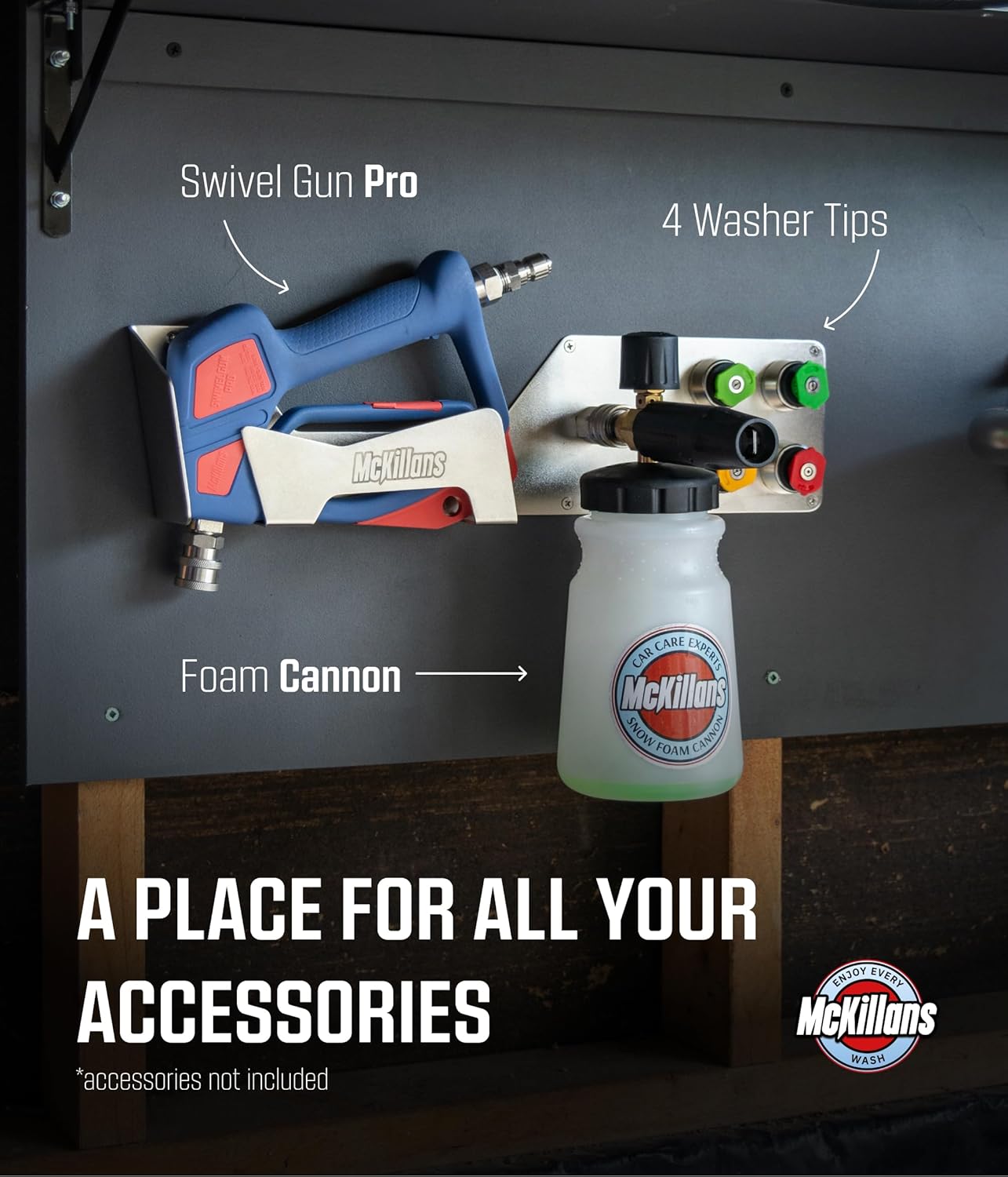 McKillans® Stainless Wall Organizer PRO - Pressure Washer Gun & Foam Cannon Holder - Foam Cannon Wall Mount Quick Connect - Tip & Nozzle Holder - Wall Mounted Garage Organizer