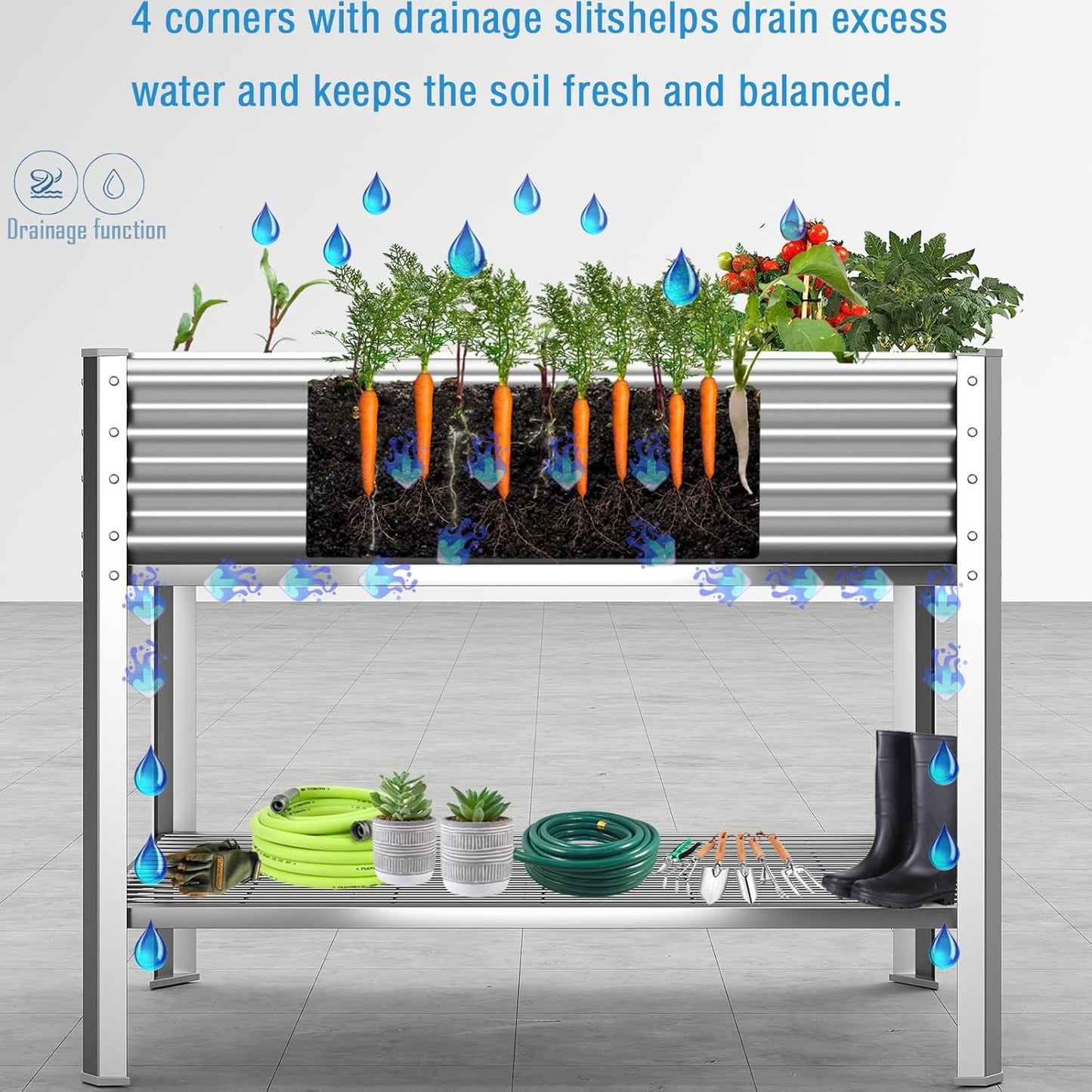 Raised Garden Bed with Legs, Galvanized Raised Planter Box with Storage Shelf and Drainage Holes, 48×24×32 Inch Large Metal Garden Bed Kit for Balcony, Backyard, Patio Lasts for Years of Use.