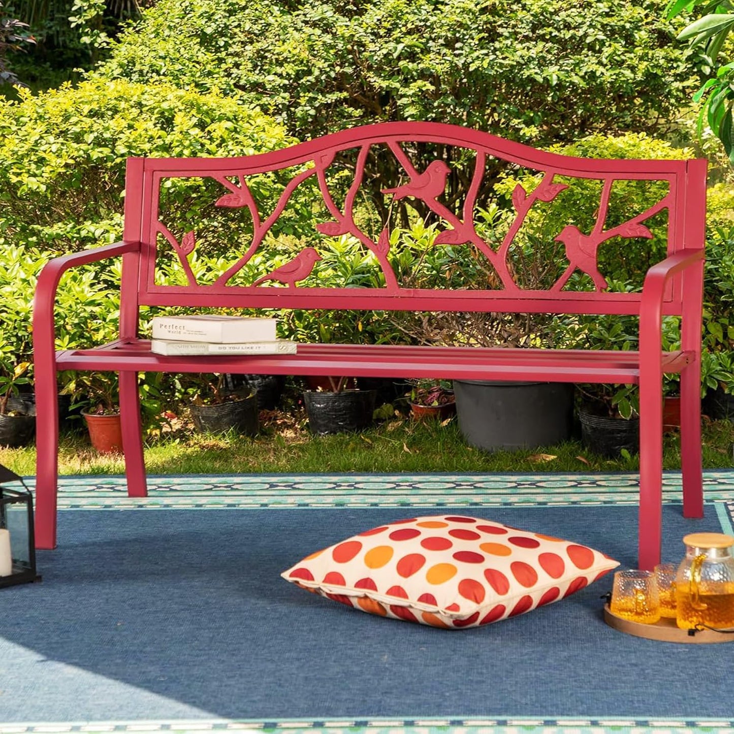 PHI VILLA Outdoor Patio 50" Metal Park Bench Red, Steel Frame Bench with Backrest and Armrests for Porch, Patio, Garden, Lawn, Balcony, Red Bird