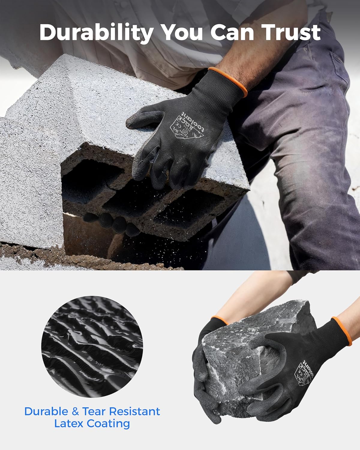 toolant Crinkle Latex Work Gloves Bulk, Rubber Coated Safety Work Gloves for Men and Women, 120 Pairs for Construction, Gardening, Warehouse (Black, Large)