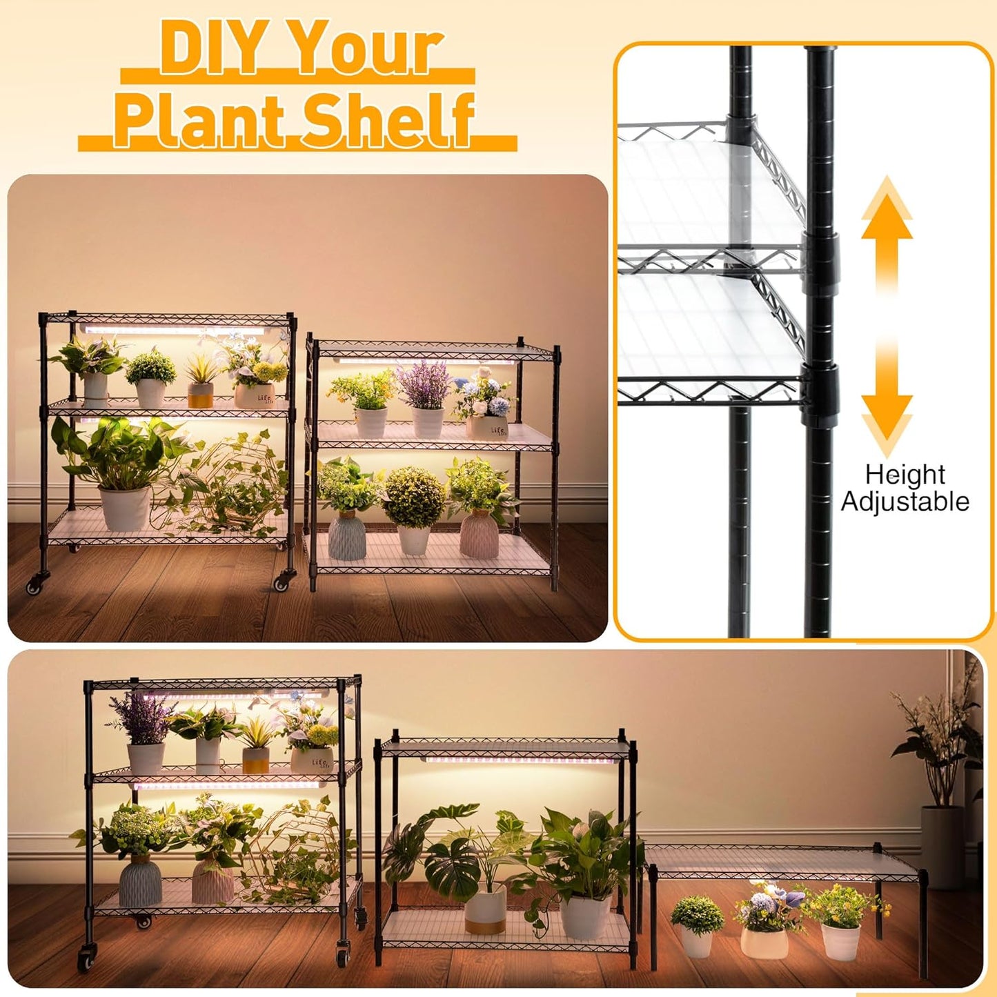 Meonum Plant Shelf with Grow Lights, 5.9FT 6 Tier DIY Metal Grow Rack, Indoor Greenhouse with 90W LED Full Spectrum Growing Lamps, Mechanical Timer, PP Waterproof Pads for Indoor Seed Starting
