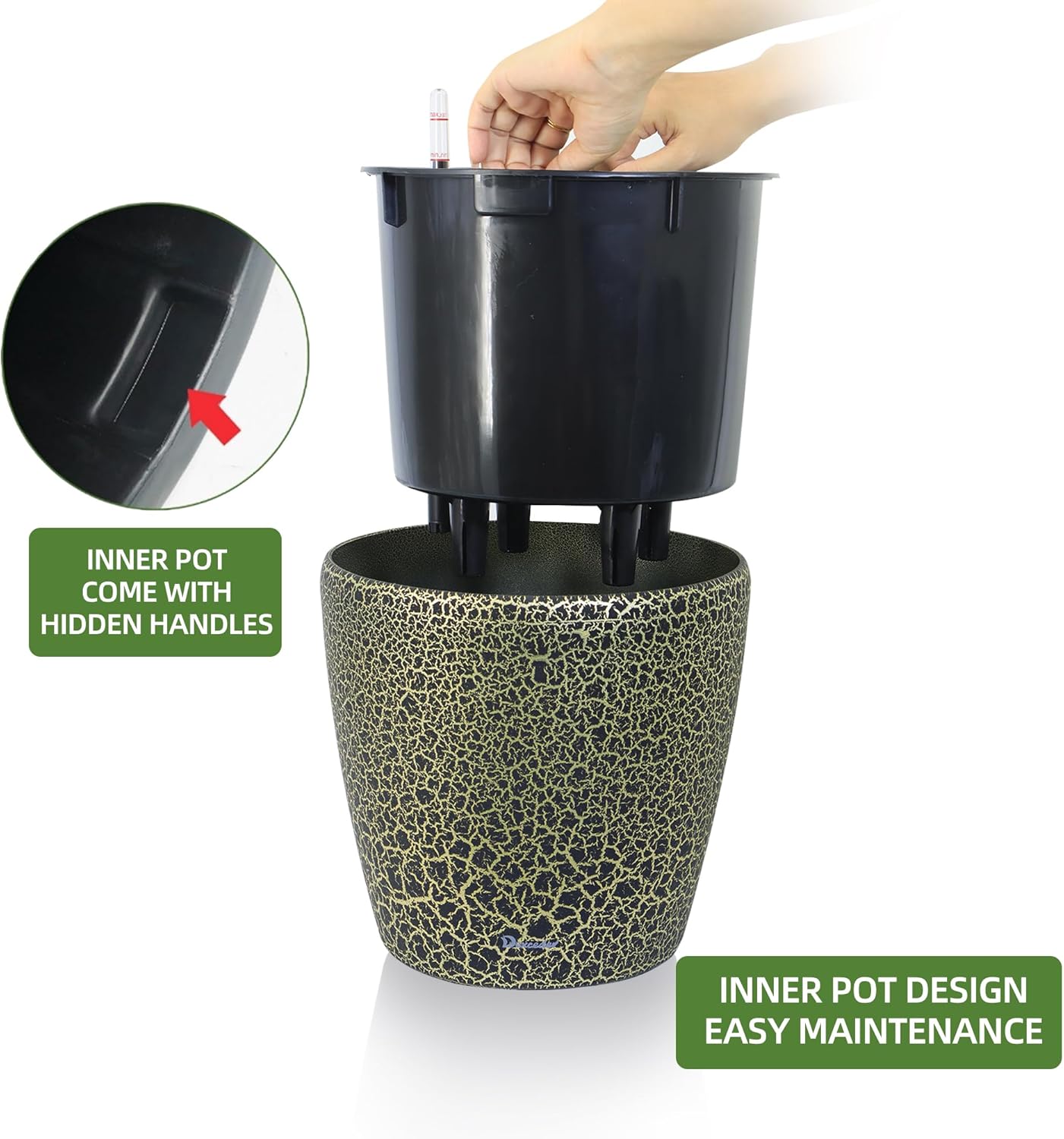 Dexceder 11x10 Inches Self Watering Planter Indoor Outdoor, Inner Pot Design, Thickened Table Flower Plant Pot with Water Level Indicator (Black Gold Crackle)