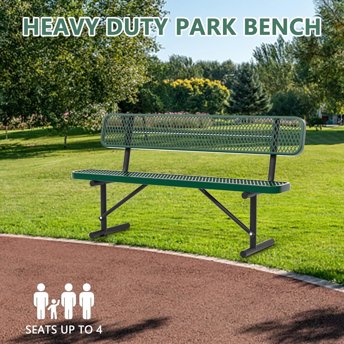 6FT Benches for Outside, Heavy-Duty Green Outdoor Garden Bench with Back, Metal Park Bench, Commercial-Grade Seating,Industrial Bench Patio Bench Furniture for Beach Yard School Shopping Centers