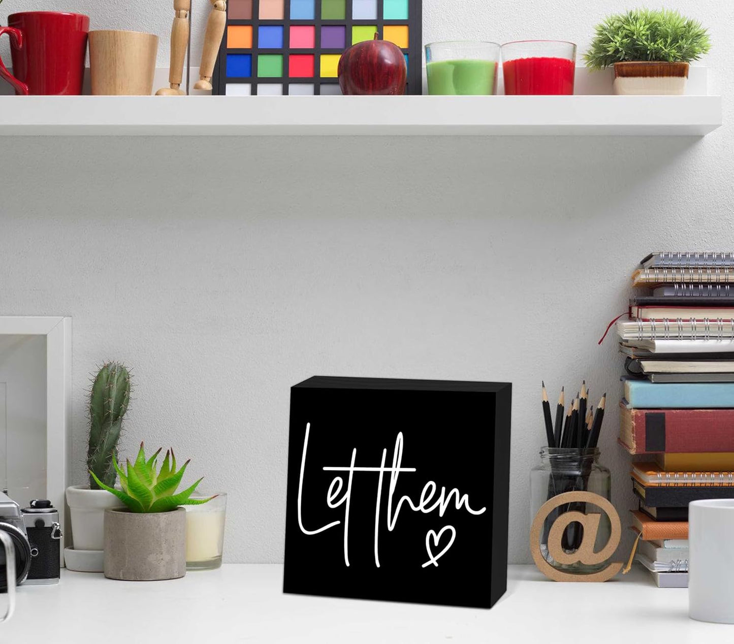 Let Them Wooden Sign, Black Office Decorations for Work, Let Them Mental Health Rustic Wood Box Signs 5x5 Inch, Desk Shelf Tabletop Decor for Home Cubicle Decor, Office Gifts for Coworkers Women, 21
