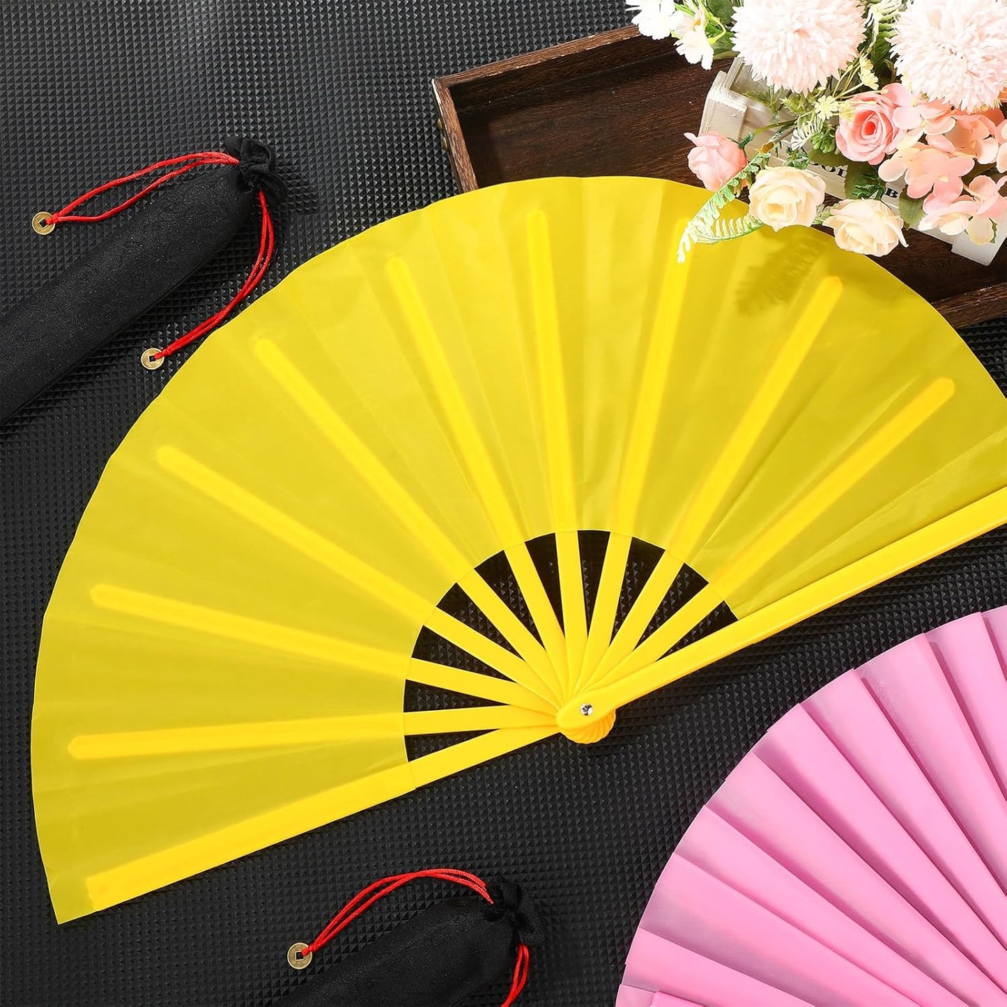 Maitys 2 Packs Large Clap Fans for Line Dancing Large Chinese Folding Hand Fans for Men and Women, Festival, Tai Ji, Kungfu, Martial Art, Gifts (Pink and Yellow)