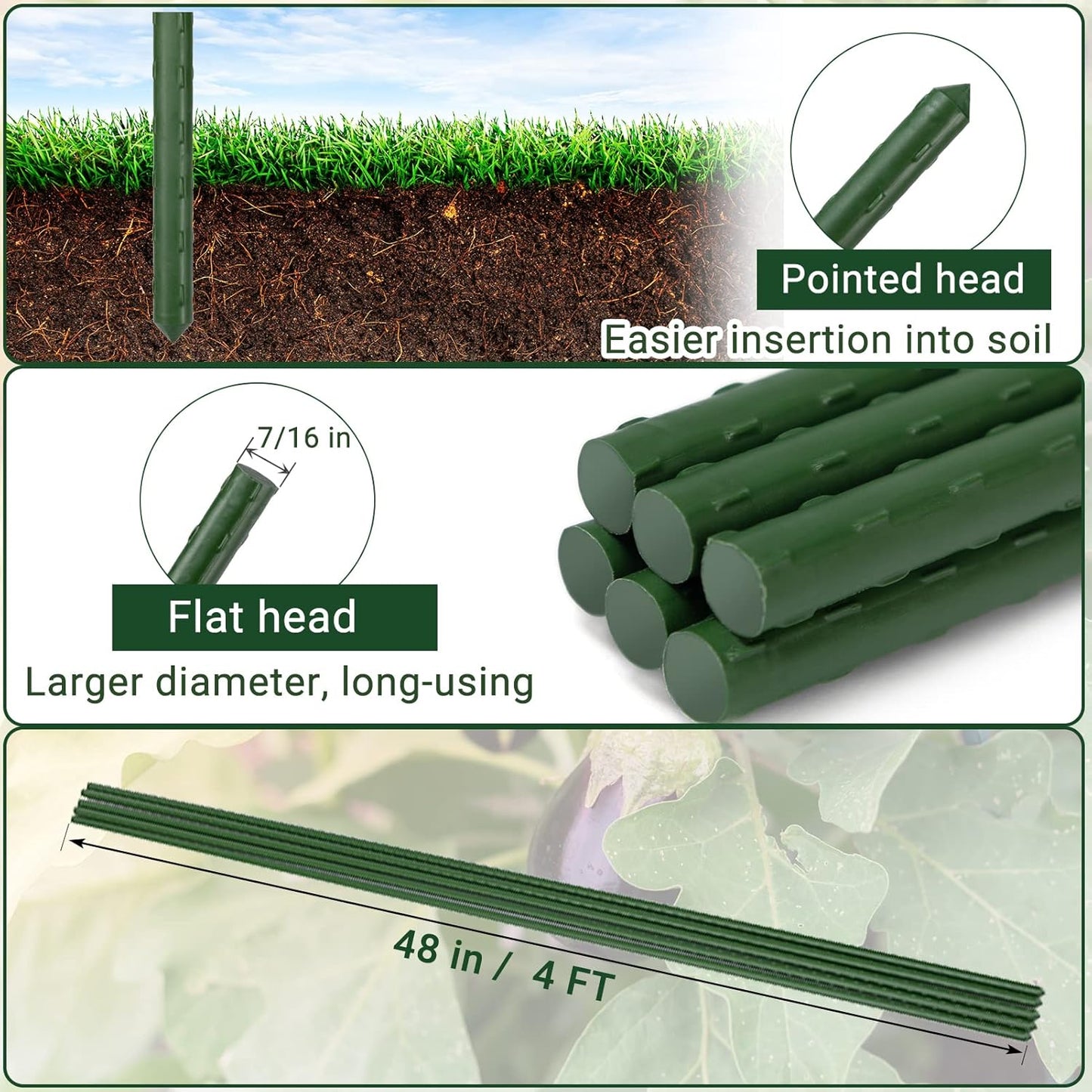 Garden Stakes 48'' Plant Sticks, 50PCS Plastic Coated Steel 4ft Plant Stakes Support for Growing Climbing Plants, Tomato Stakes Gardening Supplies