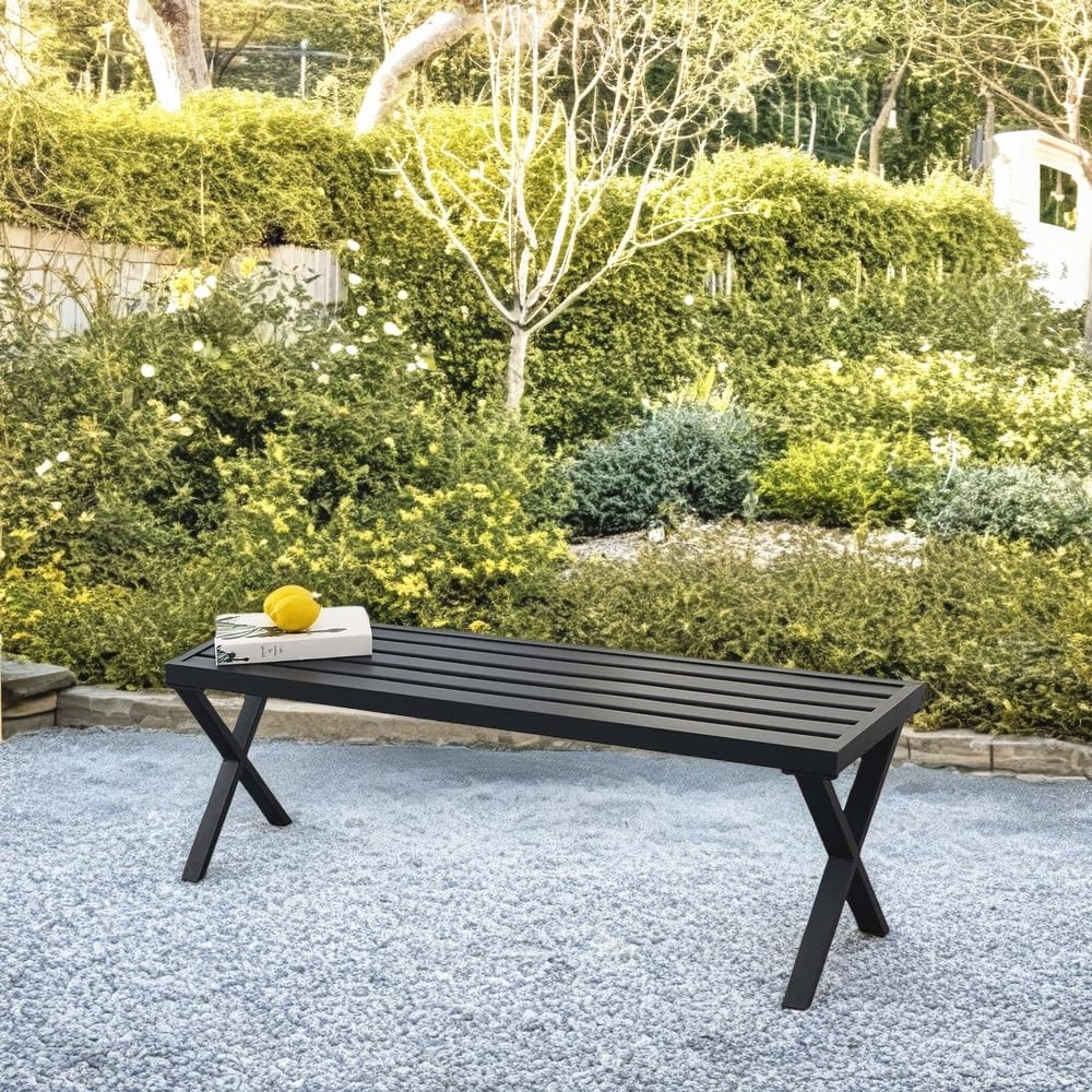 Backless Outdoor Bench, Metal Patio Bench, Garden Bench for Front Porch, Backyard and Deck, Black