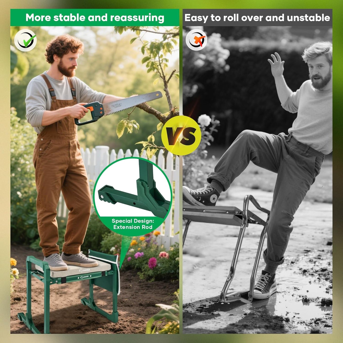 Saker Garden Kneeler and Seat Foldable Gardening Stool with Extendable Legs & Thickened Pad, Tool, Heavy Duty Support for Elderly, Gardening, Outdoor Use