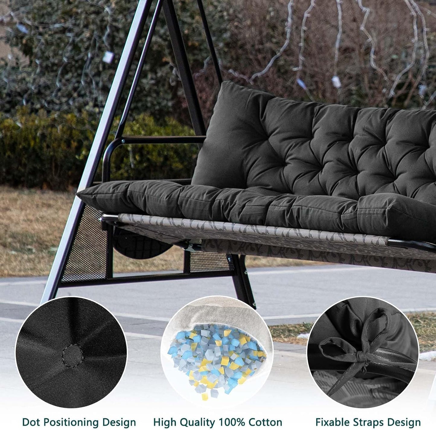 Porch Swing Cushions,Outdoor Cushions 3 Seater Replacement with Backrest, Waterproof Thickened Bench Cushion with Ties for Porch, Patio,Outdoor, Backyard and Garden(Dark Gray 60 * 40 in)