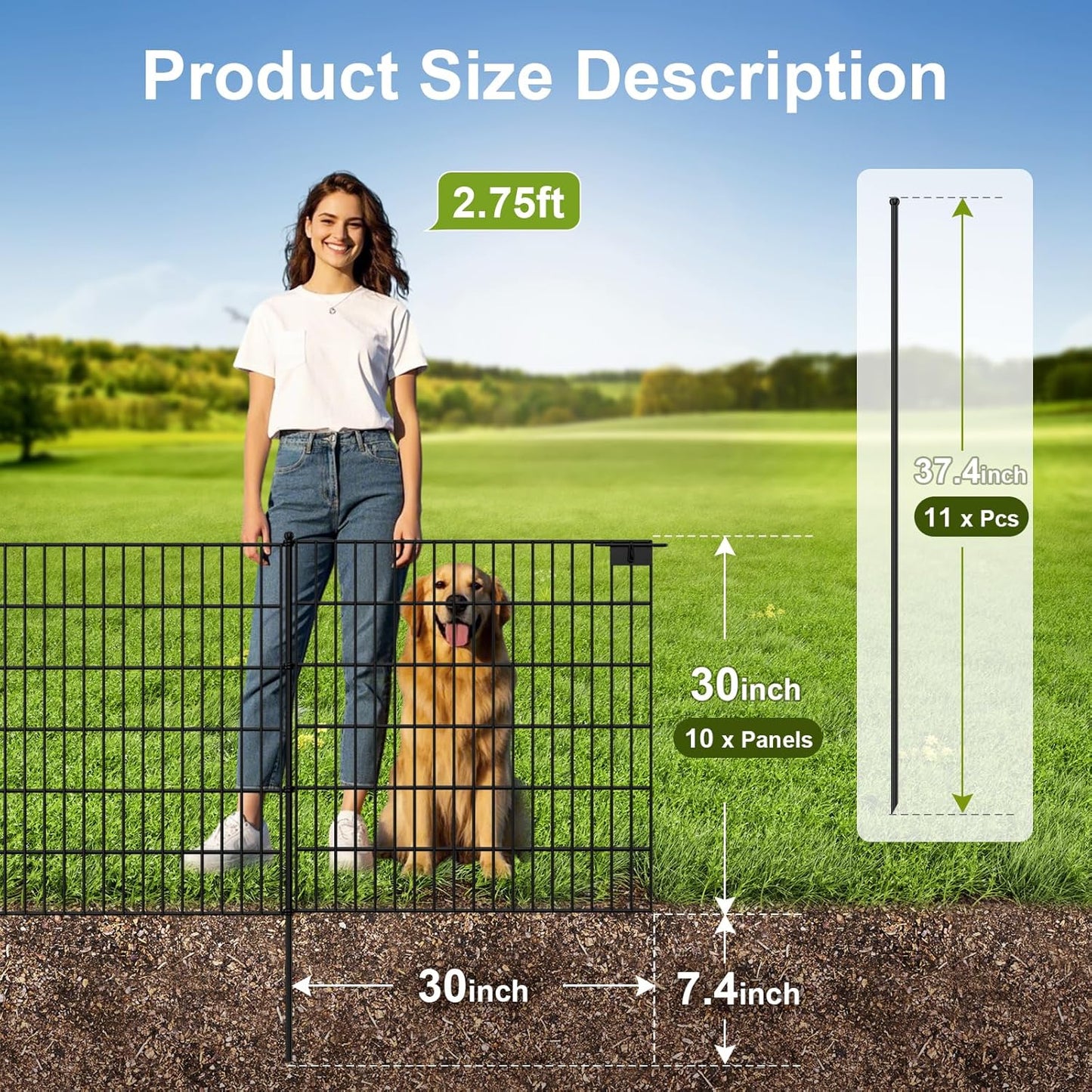 Land Guard 10-Panels No Dig Decorative Fence 30 in(H) x 25 ft(L), Tall Garden Fence Animal Barrier, Removable Fence for Garden, Rustproof Metal Animal Barrier Ground Stakes Fencing