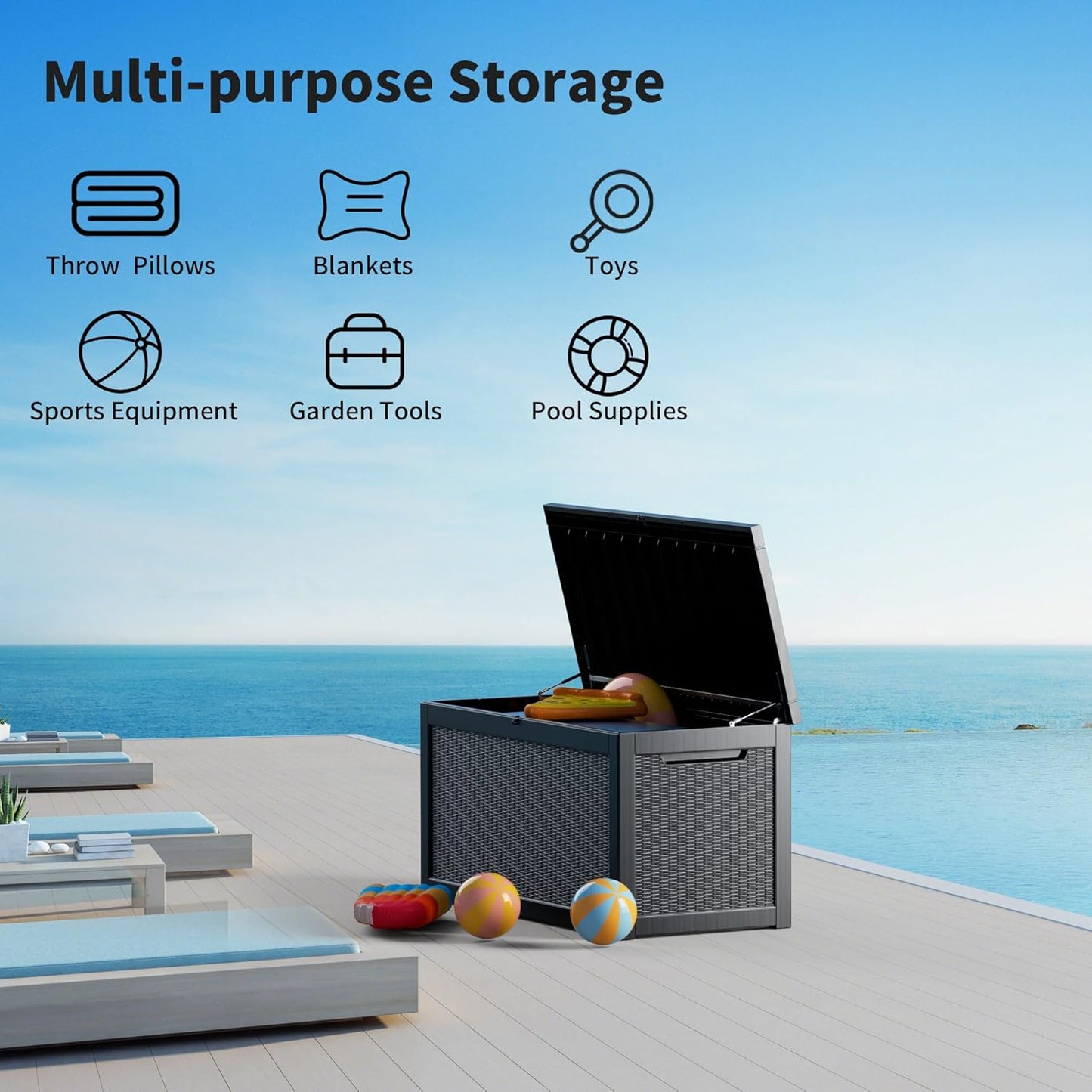 320 Gallon Deck Box, Resin Outdoor Indoor Waterproof Storage Box, Lockable Storage Box With Handle for Patio Furniture - Garden Tools - Swimming Pool Tools UV-Resistant, Black