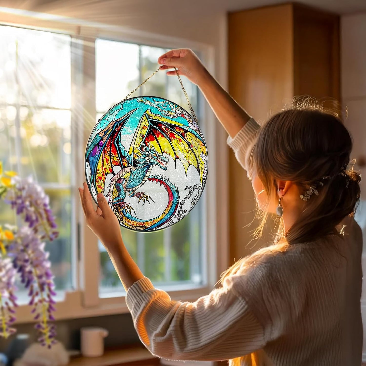 Stained Glass Window Hanging, Stained Glass Suncatcher, Dragon Sun Catcher, Window Decor, Dragon Lover Gift, Gifts for Fathers Day, Christmas or Birthday Gift, Gifts for Him Dad Grandfather Son