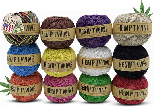 Hemp Twine for Gardening - Twine for Crafts - Organic Natural Hemp String for Jewelry Making - Strong Durable Cord for Decoration, Macrame + Cooking - 1MM, 100G/430 Ft. - 20 lb. Test Strength - 12 Pk