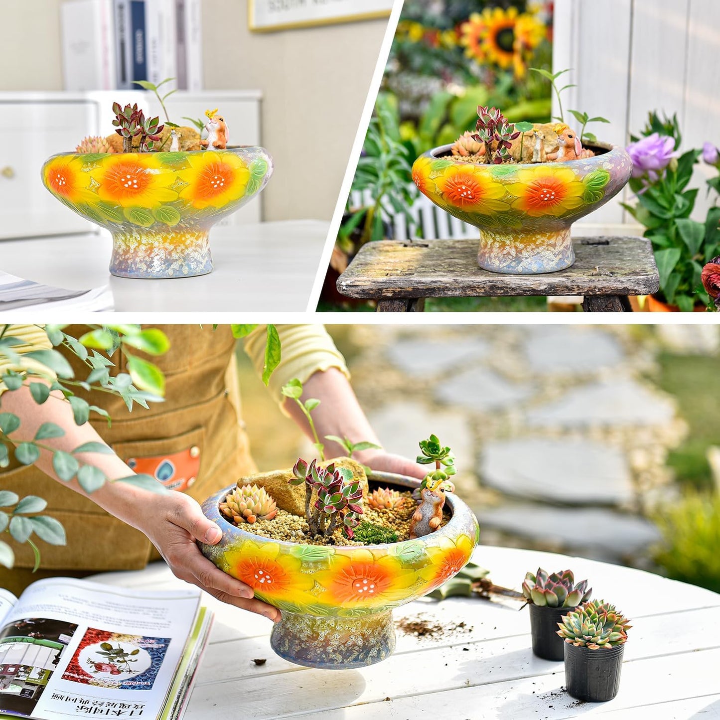 Sungmor 9.6 Inch Large Succulent Plant Pots, Pretty Hand Painted Ceramic Planter with Drainage, Indoor Outdoor Cactus Planter Bonsai Pot, Flower Pot for Indoor Plants Garden Windowsill Desktop Decor