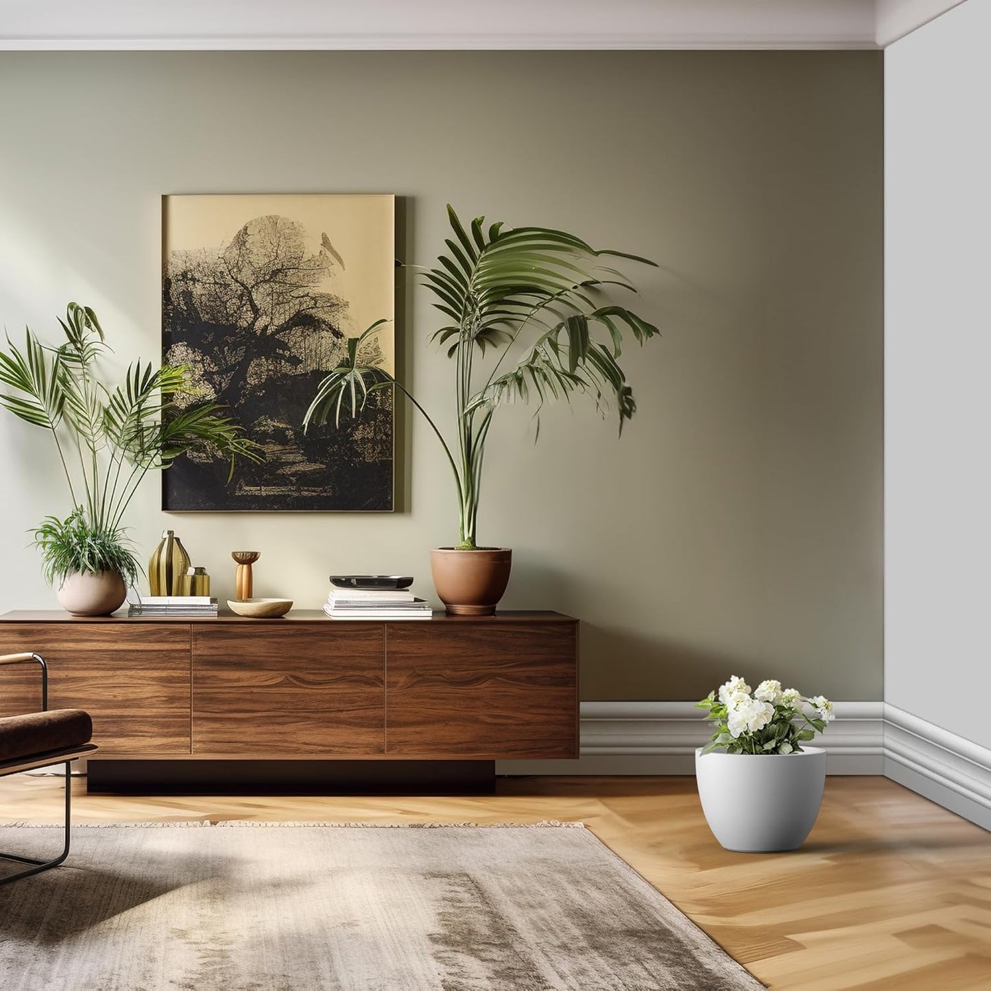 Kante 14.2 Inch Round Concrete Planter - Classic Large Indoor/Outdoor Plant Pot with Drainage Hole and Rubber Plug, Suitable for Gardens and Patios, White Finish with Aqua Blue Interior