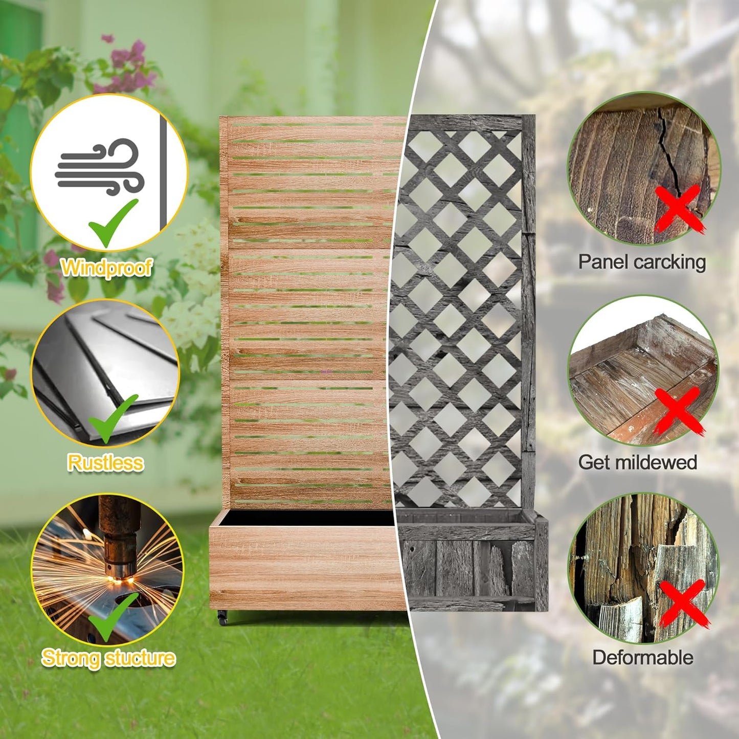 FENCY Metal Raised Garden Bed with Wheels and Trellis,73"x47"x16" Planter Box for Climbing Plants, Vegetables & Vines, Features Privacy Screen and Drainage Holes (Natural Wood Color)