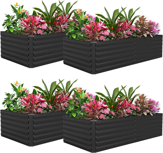 FOOWIN 4pcs 8x4x2ft Galvanized Raised Garden Bed, Planter Raised Garden Boxes Outdoor, Large Metal Raised Beds for Gardening, Garden Bed for Vegetables, Flowers, Herb,478 Gallon Capacity, Black