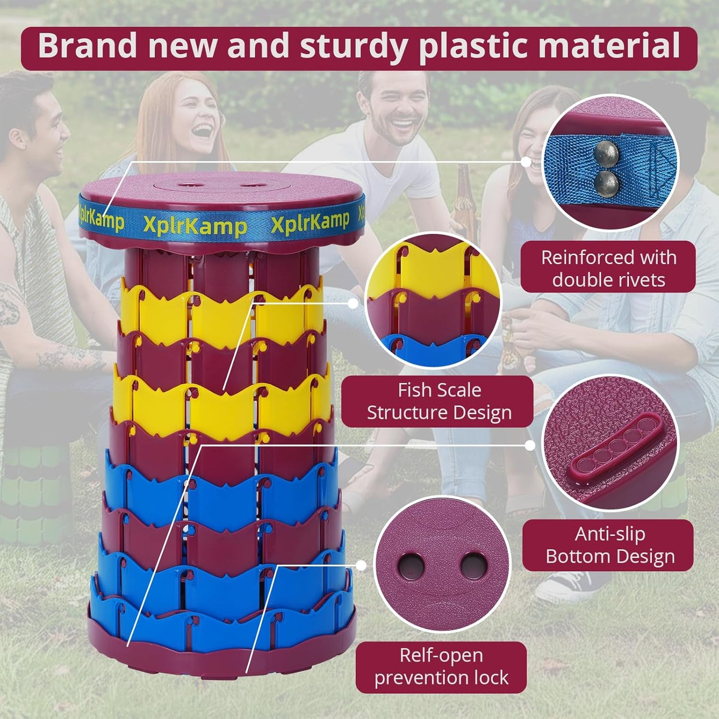 Retractable Folding Stool - Heavy Duty 400 lb Collapsible Portable Stool for Camping, Hiking, Fishing, Indoor/Outdoor with Non-Slip Base and Lightweight Design (Purple Yellow, 1-Pack)