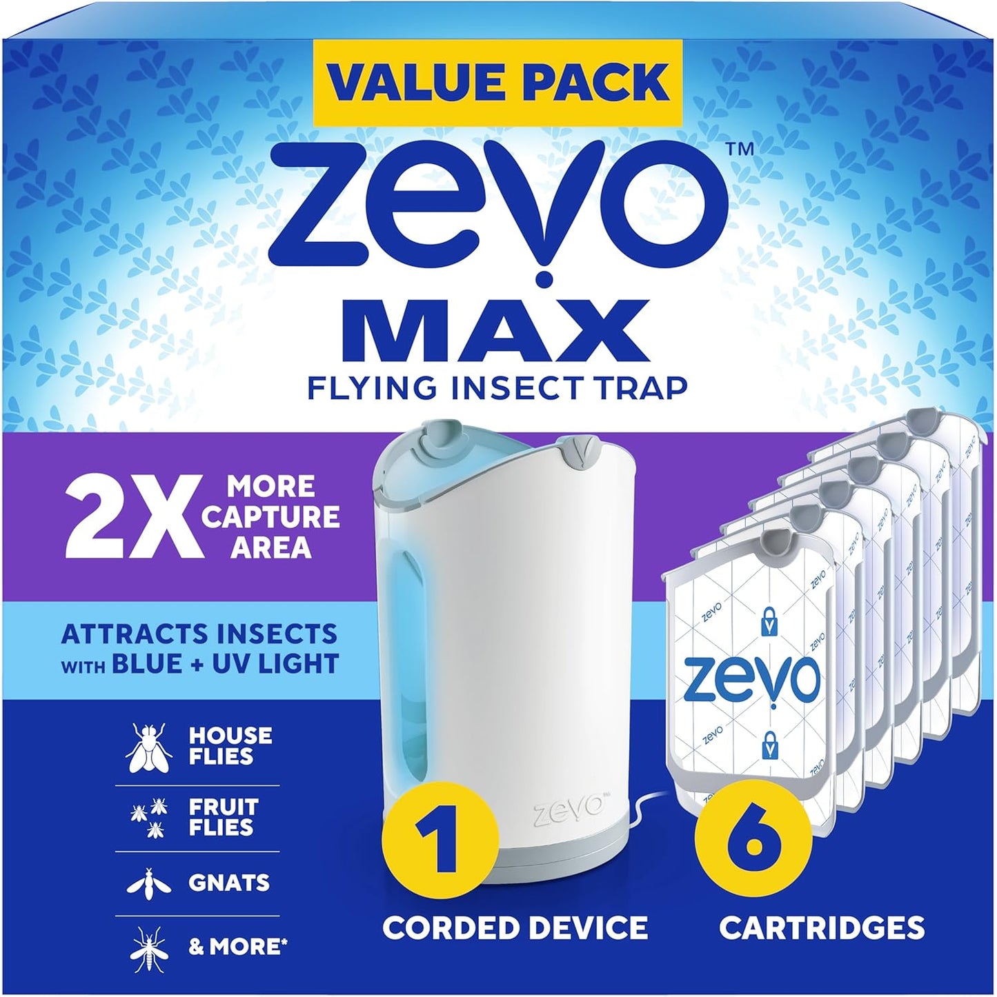Zevo MAX Bug Catcher & Fly Trap for Indoors - Flying Insect Trap for Gnats, House & Fruit Flies - Use in Any Room - No-Mess Disposal (1 Plug in Base & 6 Cartridges)