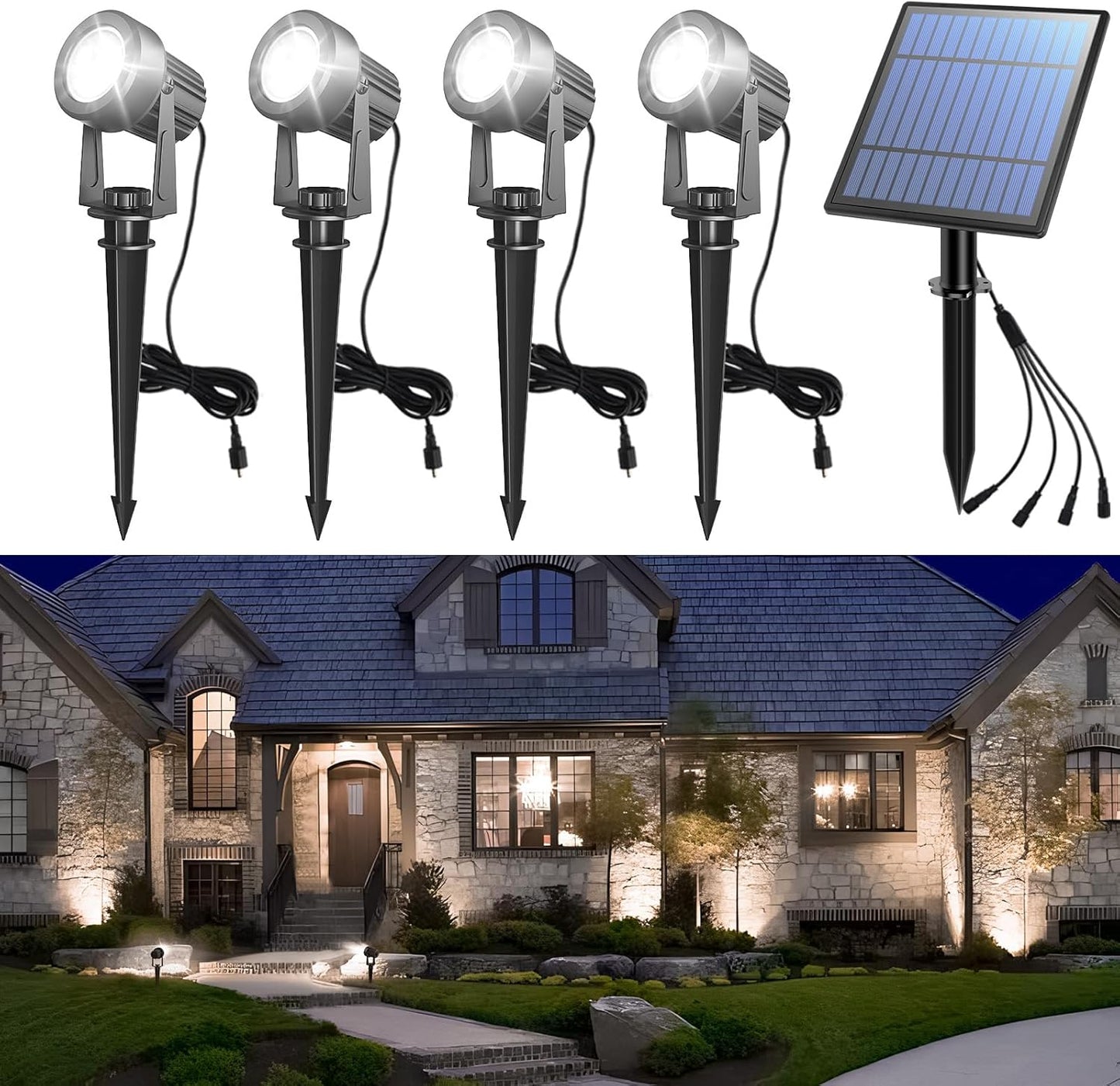 APONUO Solar Spot Lights Outdoor 4-in-1 Solar Landscape Lighting Dusk to Dawn Solar Uplights IP65 Waterproof 9.8ft Cable Outdoor Spot Lights for Yard Pathway Garden Tree Decoration (Cool White)