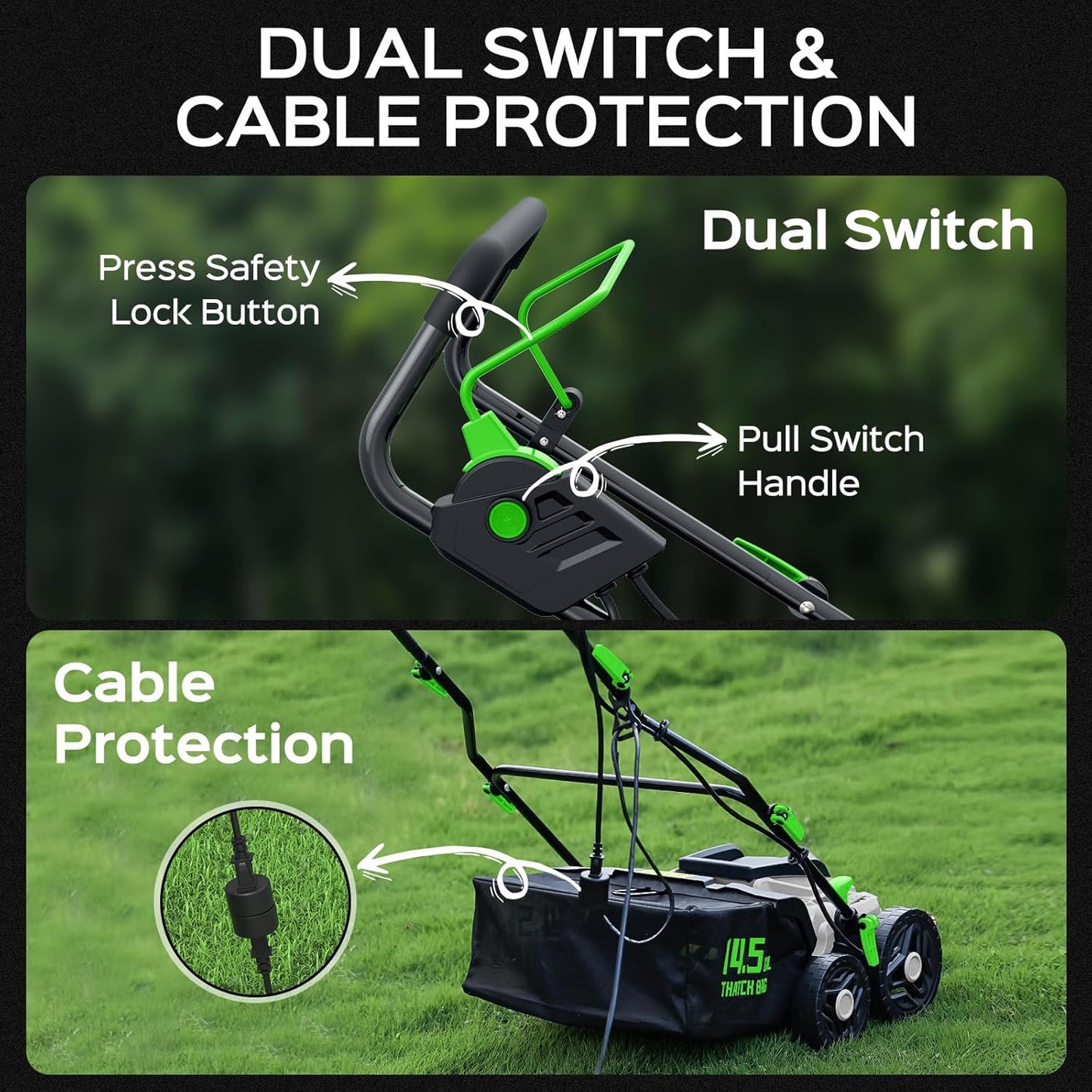 2025 Upgrade 16-Inch 15.5 Amp 2-in-1 Electric Dethatcher and Scarifier with 14.5-Gallon Collection Bag, Lawn Dethatcher with 5-Position Depth Adjustment, Keeps Lawn Healthy – Light Green