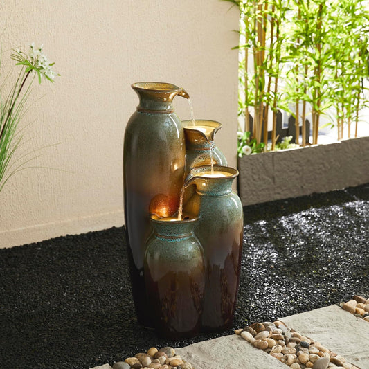 Glitzhome 30.75" H Vase Ceramic Outdoor Water Fountain with LED Lights and Pump, 4-Tier Olive Green and Brown Reactive Glaze Cascading Pots Standing Fountain for Porch Deck Garden Patio Backyard