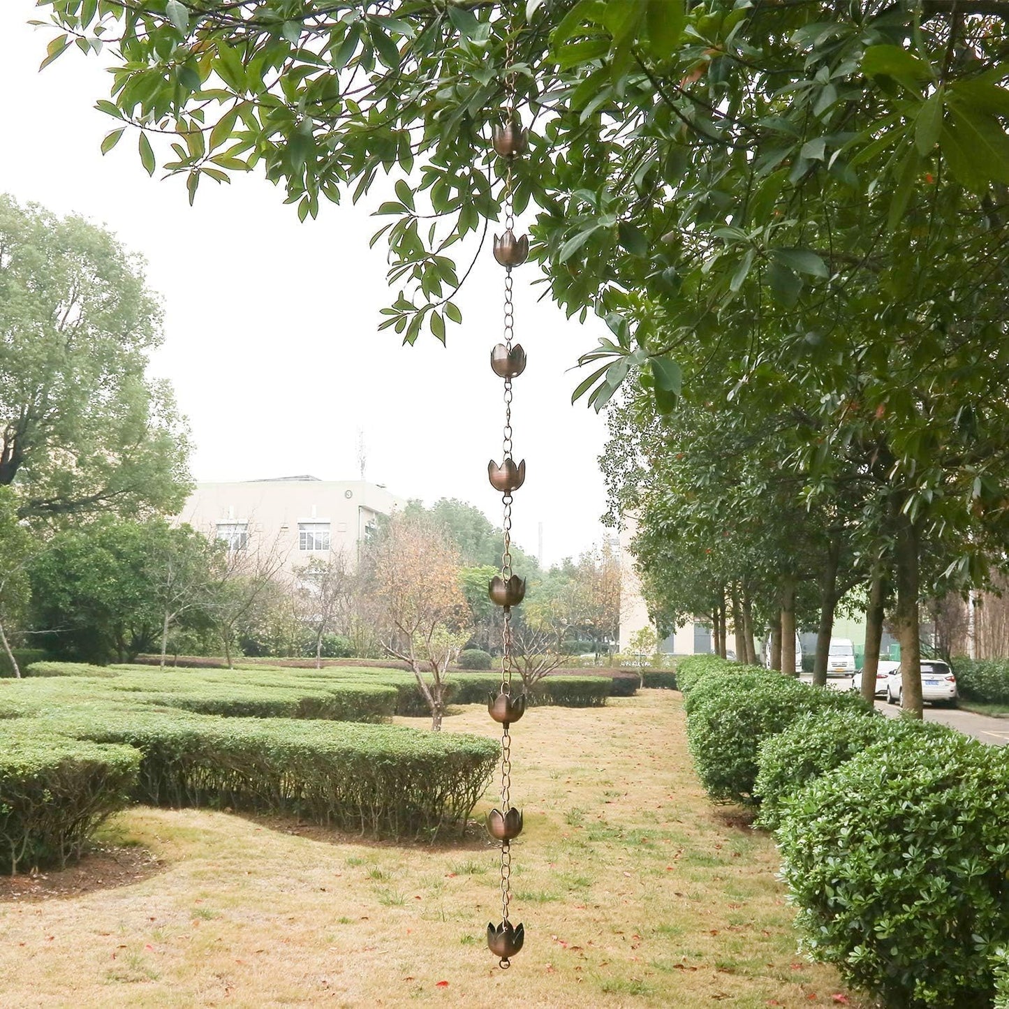 DUSVALLY Rain Chain, 5.85 FT Lotus Metal Rain Chain, Functional and Decorative Replacement for Gutter Downspouts, Divert Water and Home Display, Adjustable, Antique Brown