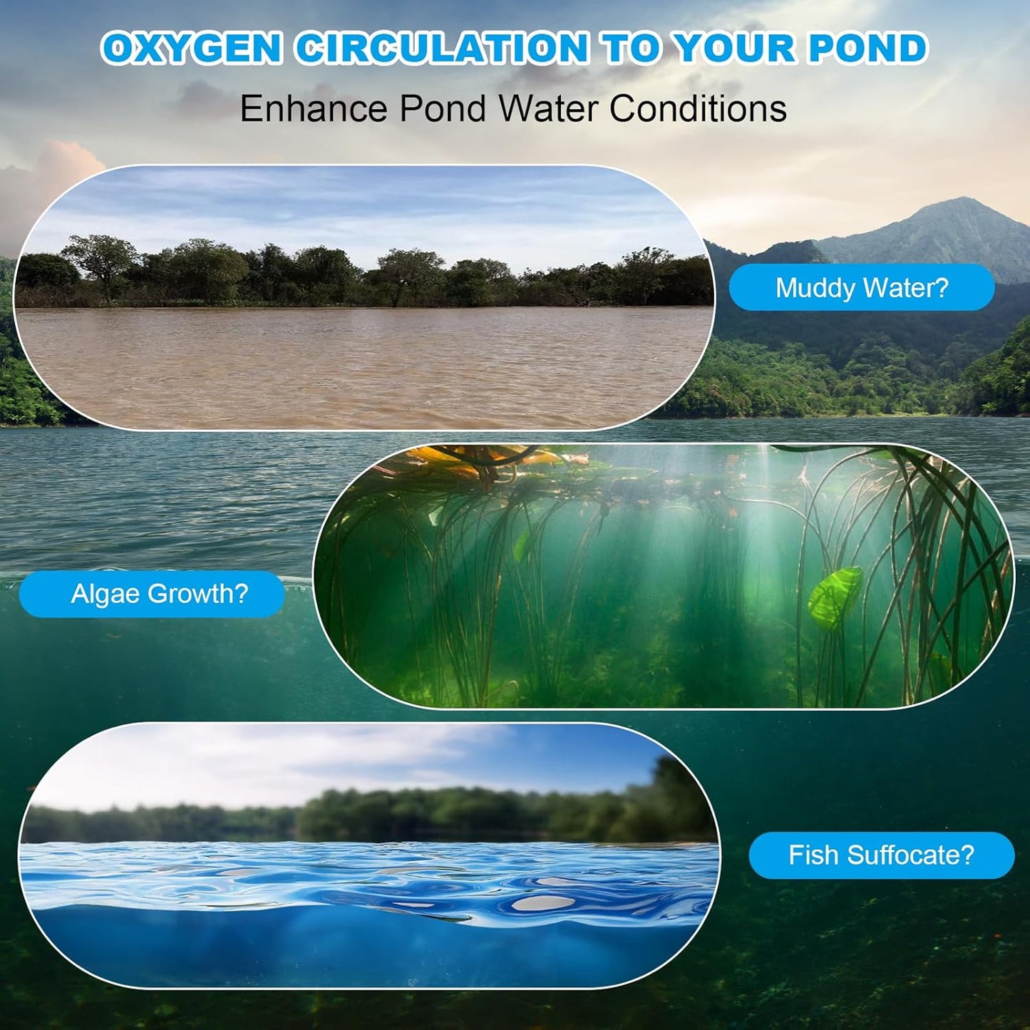 Pond Aerator, Ponds & Lake Aeration System, 5.76CFM for Up to 3 Acre, Includes 3/4 HP Compressor, 100' Weighted Tubing, 2 Diffusers for Outdoor Large Pond & Lake Aerator Pumps Water Oxygen Circulation