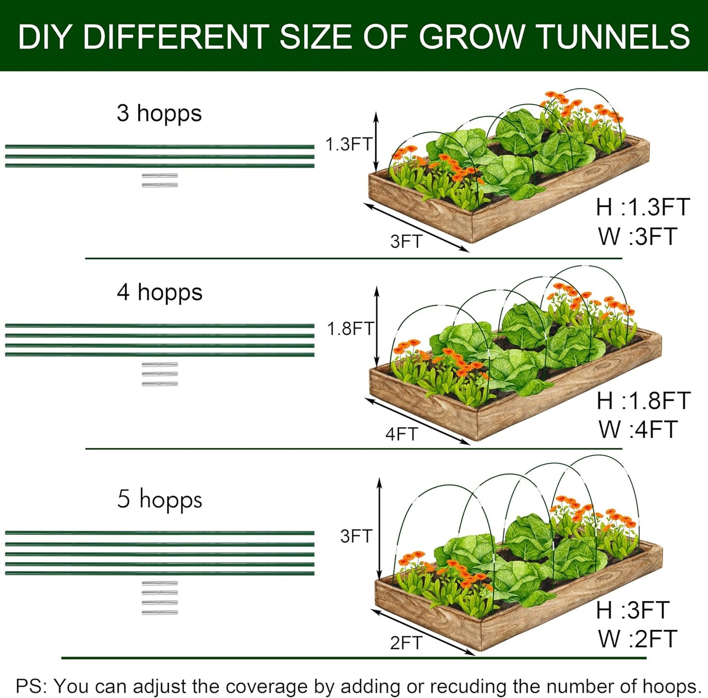 PHYEX Garden Hoops Greenhouse Hoops for Row Covers & Raised Beds, Rust-Free Fiberglass Frame, DIY Adjustable Garden Tunnel with Clips for Plant Covers, Netting, & Frost Protection, 60pcs