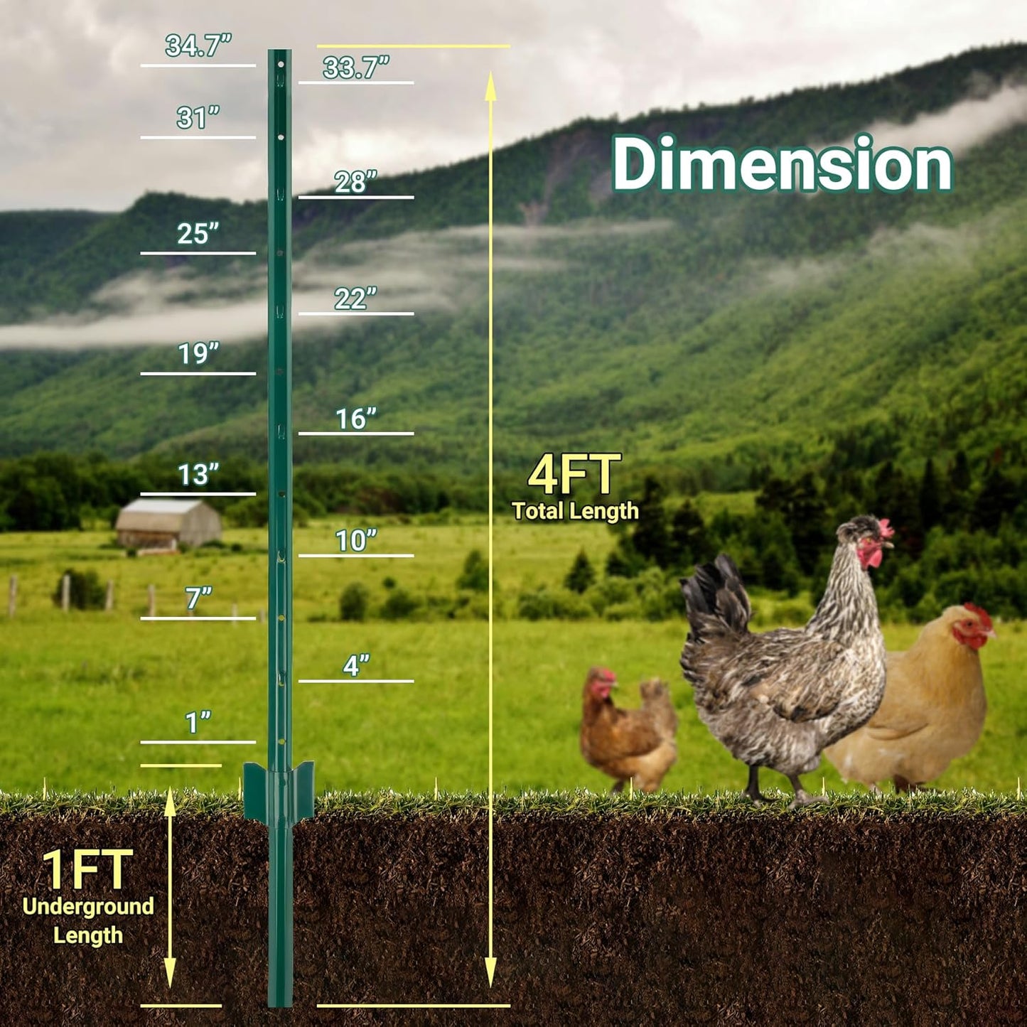 Fence Post 4 FT - 10 Packs, Metal Heavy Duty U Posts, Powder-Coated for Long-Lasting Use, Perfect for Holding Wire &Plastic Mesh, Corner Anchors, Green