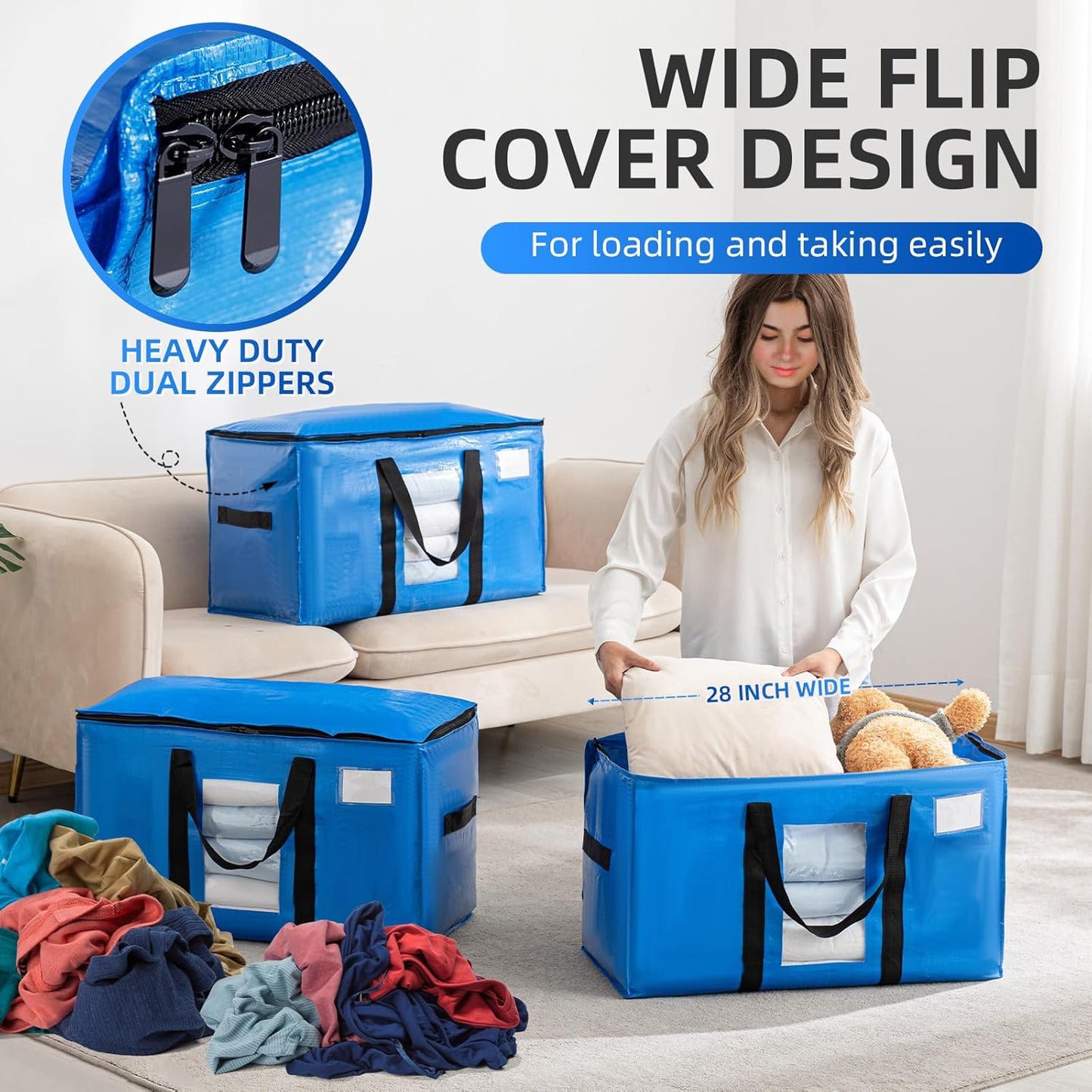 TAILI Extra Large Moving Bags, 8 Pack Blue Heavy Duty Totes For Storage with Visible Window, Wrap Around Handles, Storage Bags for Space Saving, Alternative to Moving Boxes