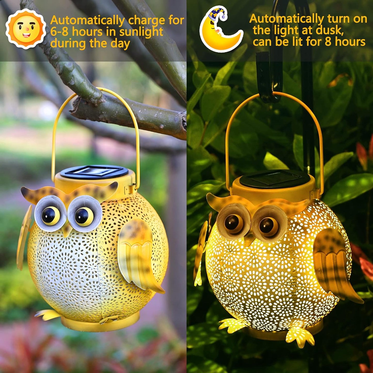 2 Pack Hanging Solar Lanterns - Garden Light Waterproof Metal Decorative Solar Lantern Lights Outdoor for Patio Yard Table Pathway with Owl Pattern