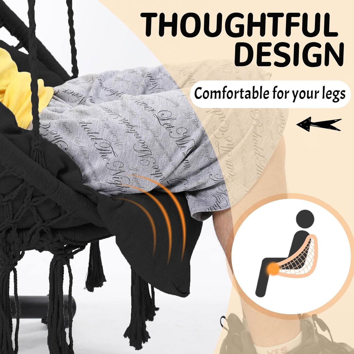 Macrame Hammock Hanging Swinging Chair with Oversized Cushion, Perfect for Bedroom, Porch, Kids, Adults, Balcony, Black