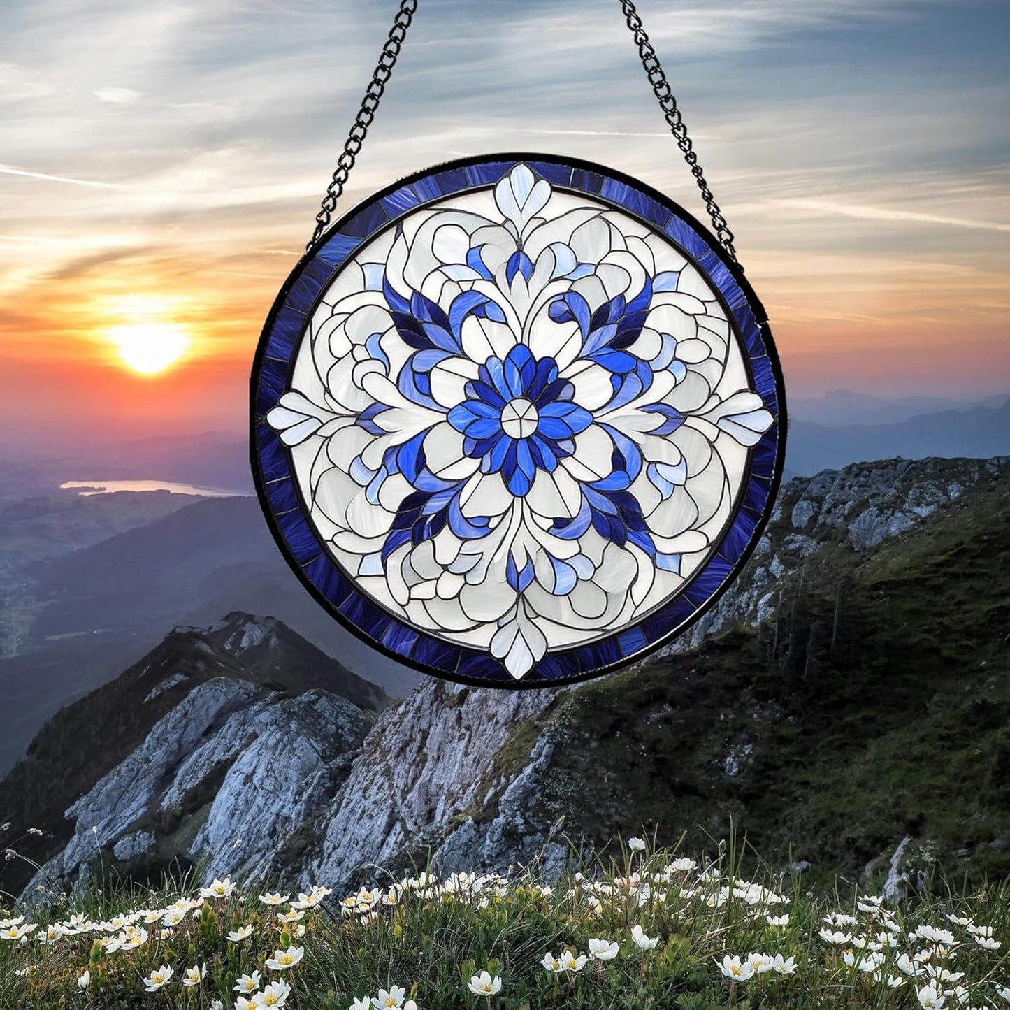 Stained Glass Window Hanging - Blue White Boho Flower Suncatcher for Door Garden Yard Sun Catchers Decor Christmas Mother's Day Birthday Gifts for Women Mom Nana Friend Teacher 9.8 in