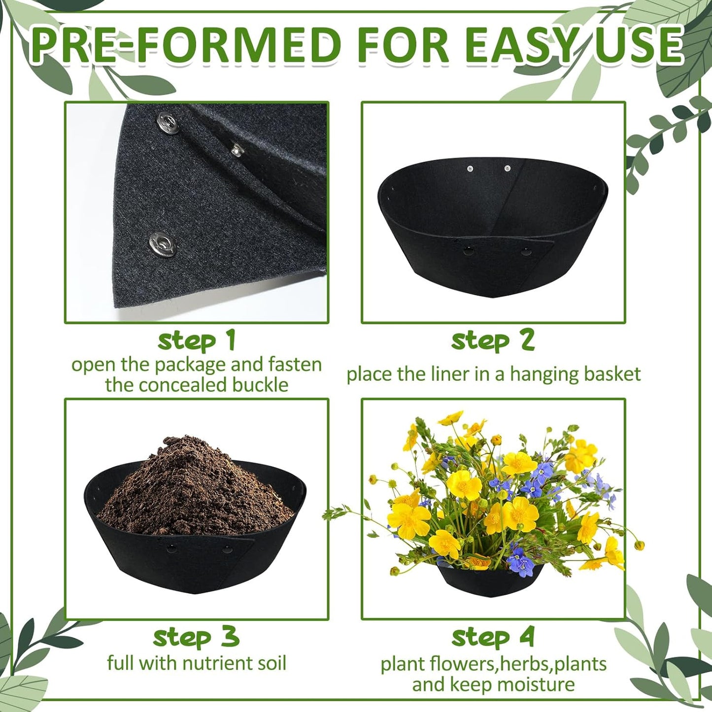 16Inch Round Fabric Planter Liners (4pcs), Felt Flower Pot Liners for Hanging Baskets, Planter Liner for Garden Flower Vegetables Plant Indoor/Outdoor (Black)