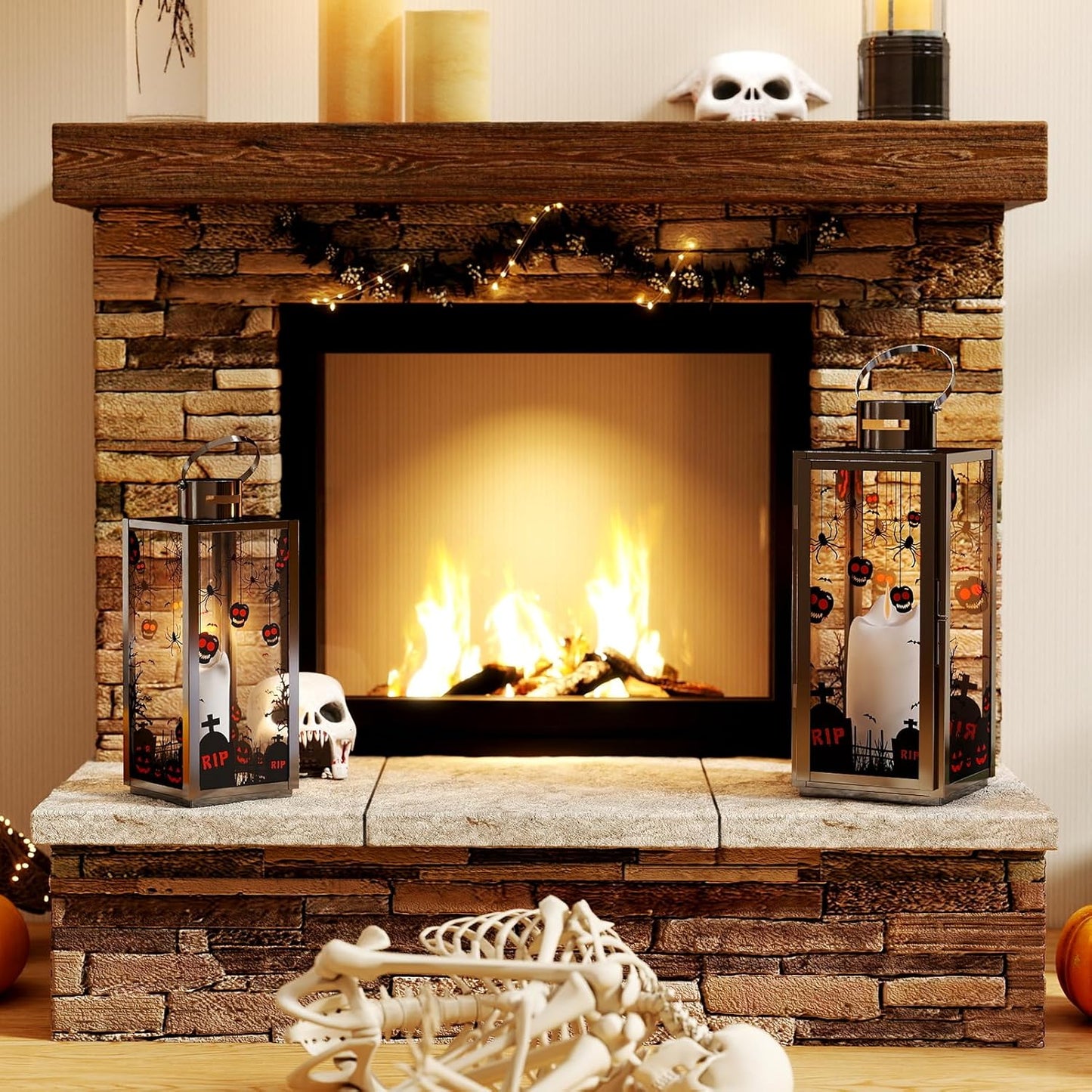 MATICO Stainless Decorative Candle Lantern Set of 3, Hanging Decor Hurricane Lantern Candle Holder for Festival Ceremony Home Decor, Both Indoor & Outdoor Use，Halloween